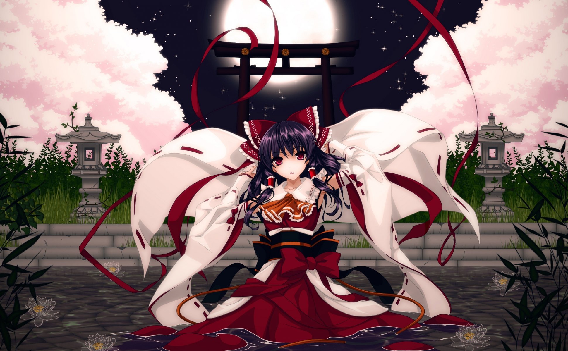 arte cilou touhou hakurei reimu chica noche luna agua estanque nenúfares puerta sakura cinta