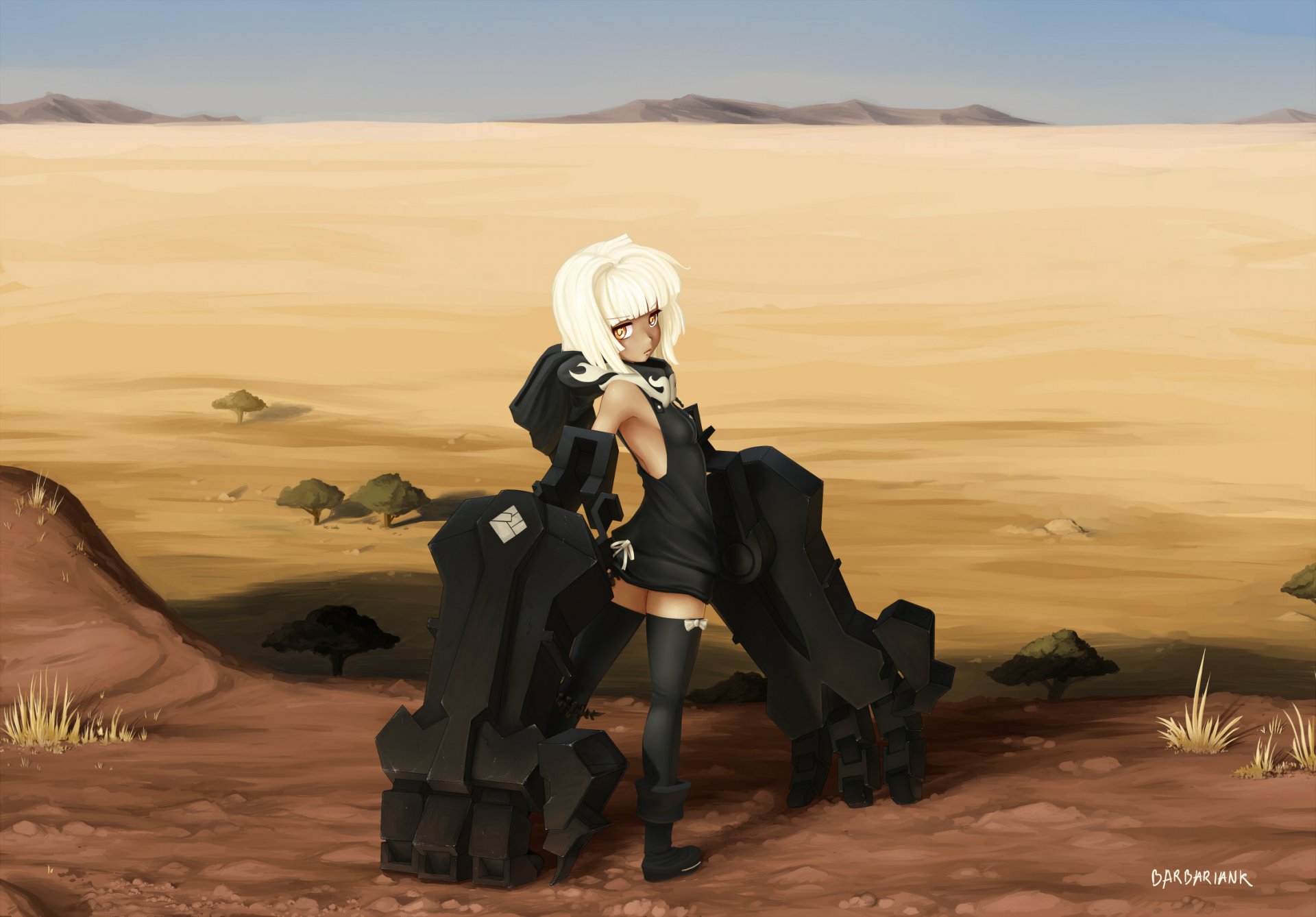 art black rock shooter fille mains métal arme désert sable bas