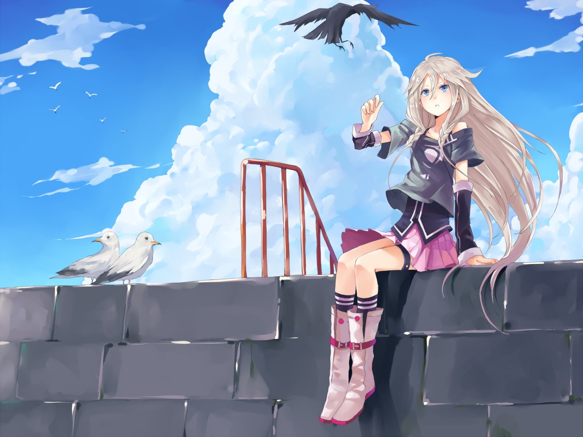 vocaloid ia ragazza uccelli corvo gabbiani parete nuvole