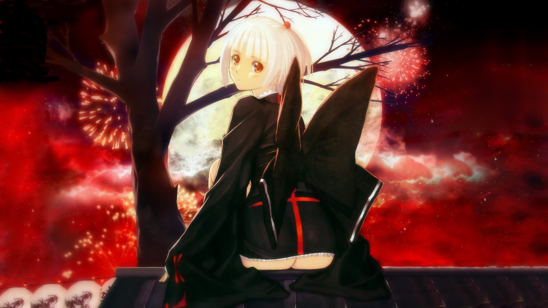 tony taka taka tony girl ass kimono red eyes sky salute view moon