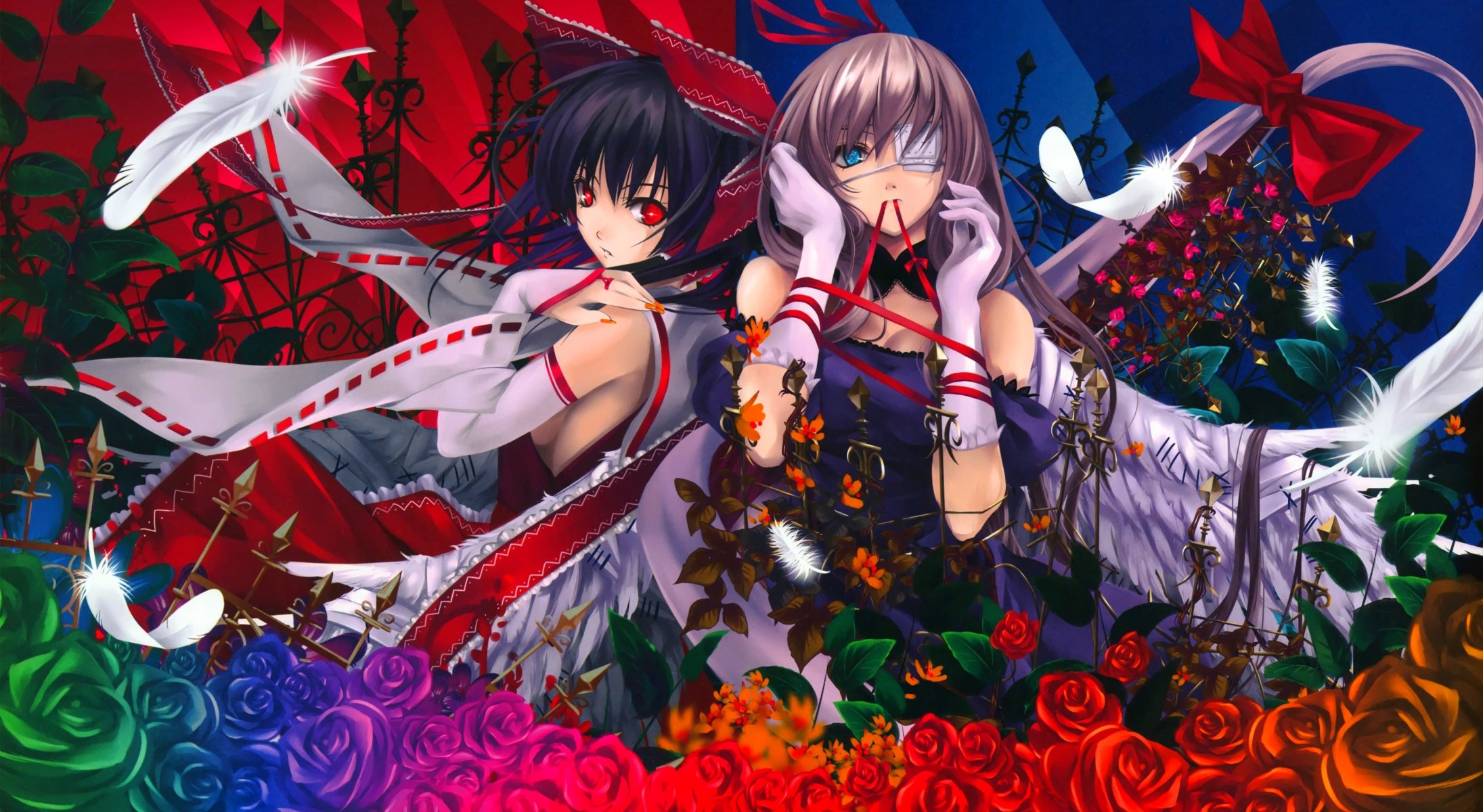 kunst misaki kurehito touhou hakurei reimu yakumo yukari mädchen blumen rosen stirnband federn bogen band