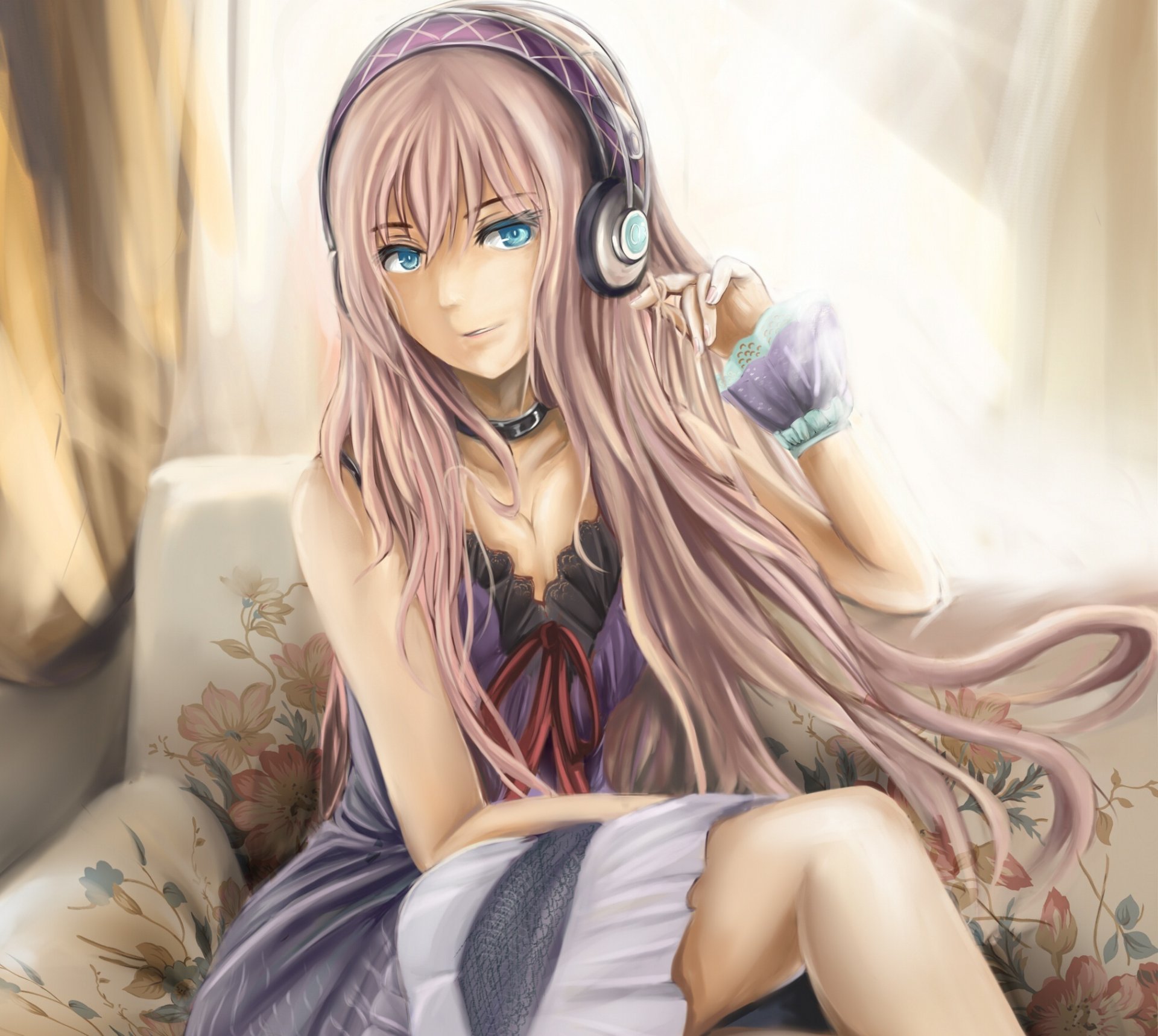 art cj człowiek megurine luka vocaloid dziewczyna słuchawki sofa