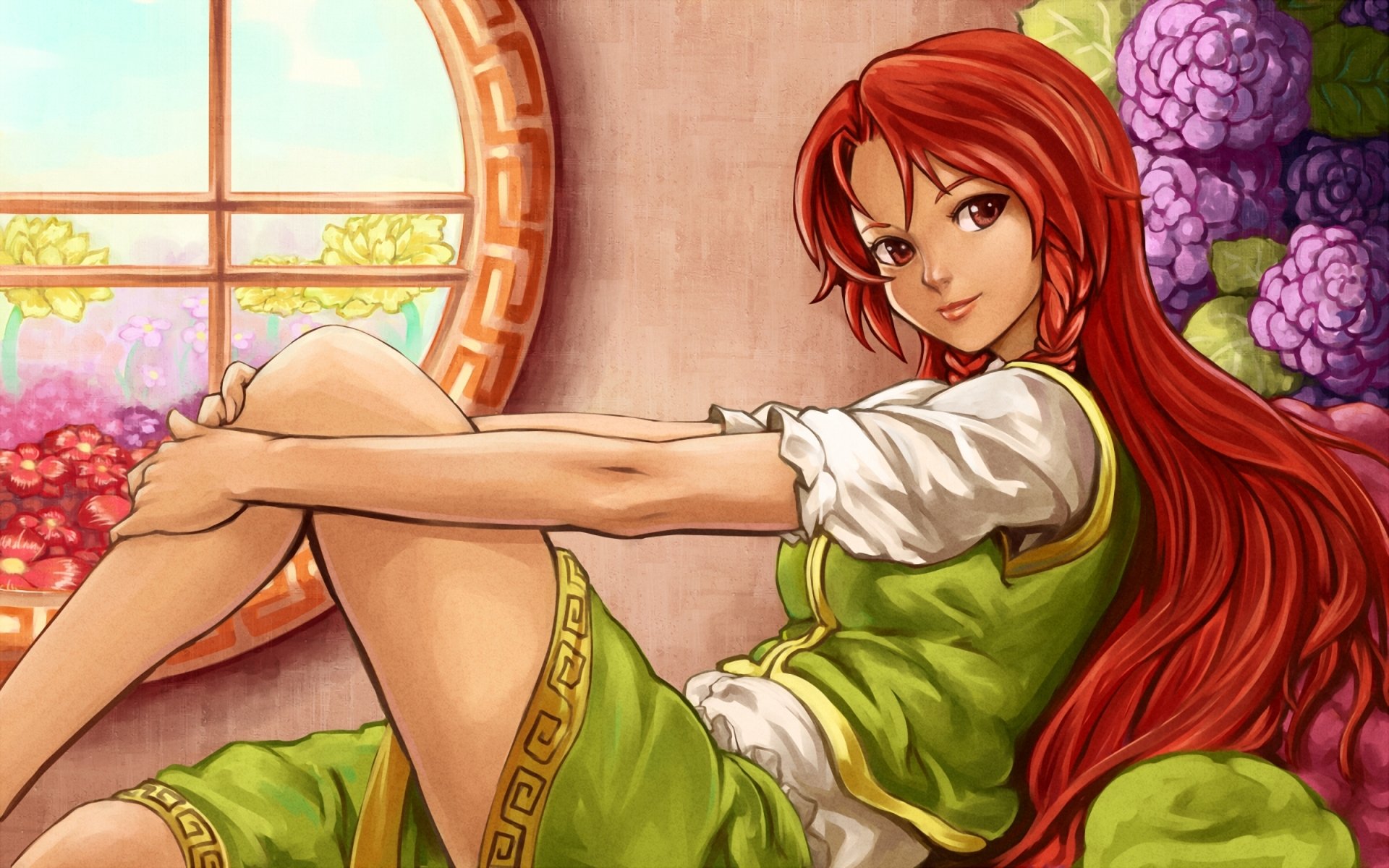 arte shiba murashouji touhou hong meiling ragazza rossa fiori ortensia finestra