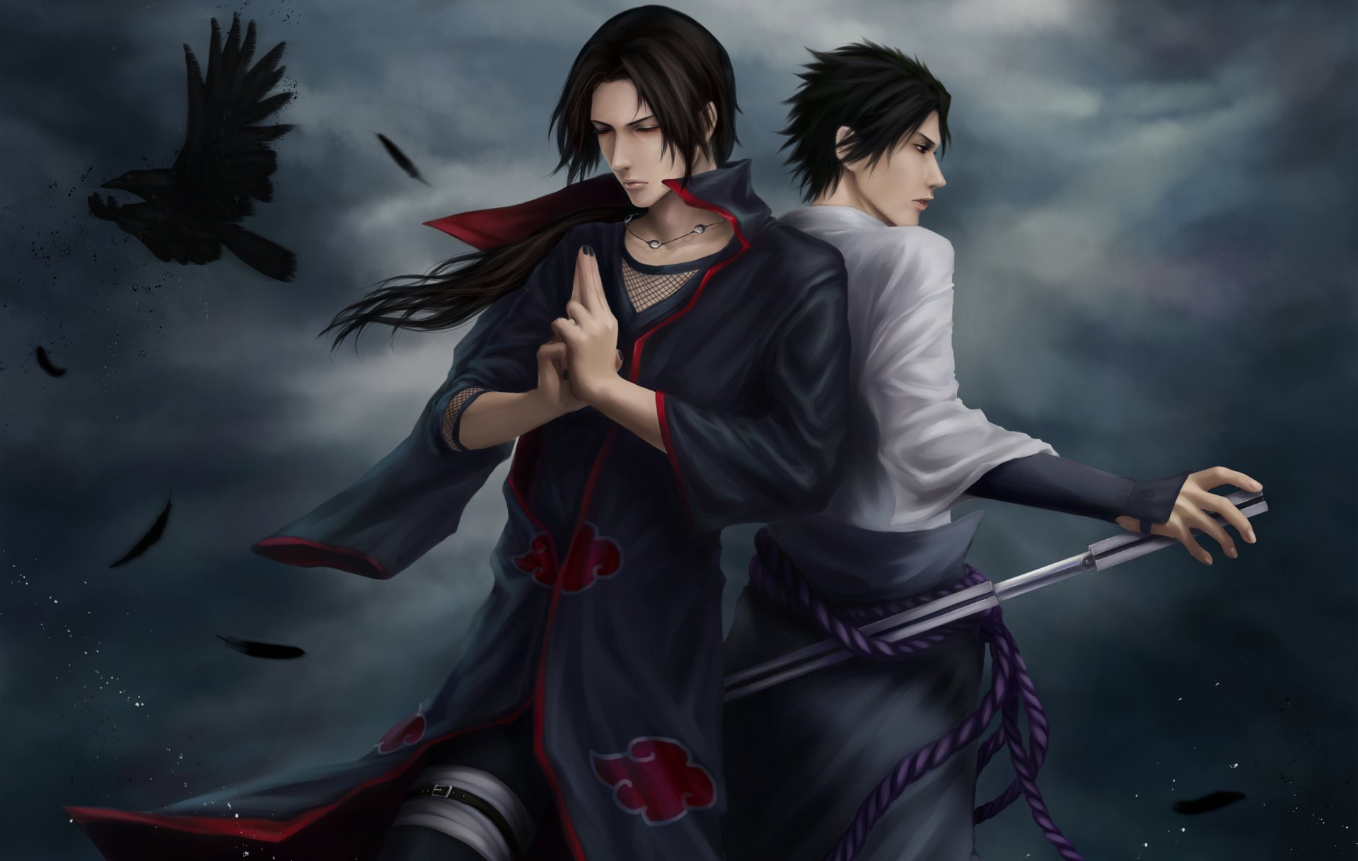 kunst zetsuai89 naruto uchiha itachi sasuke ninja rabe federn katana wolken