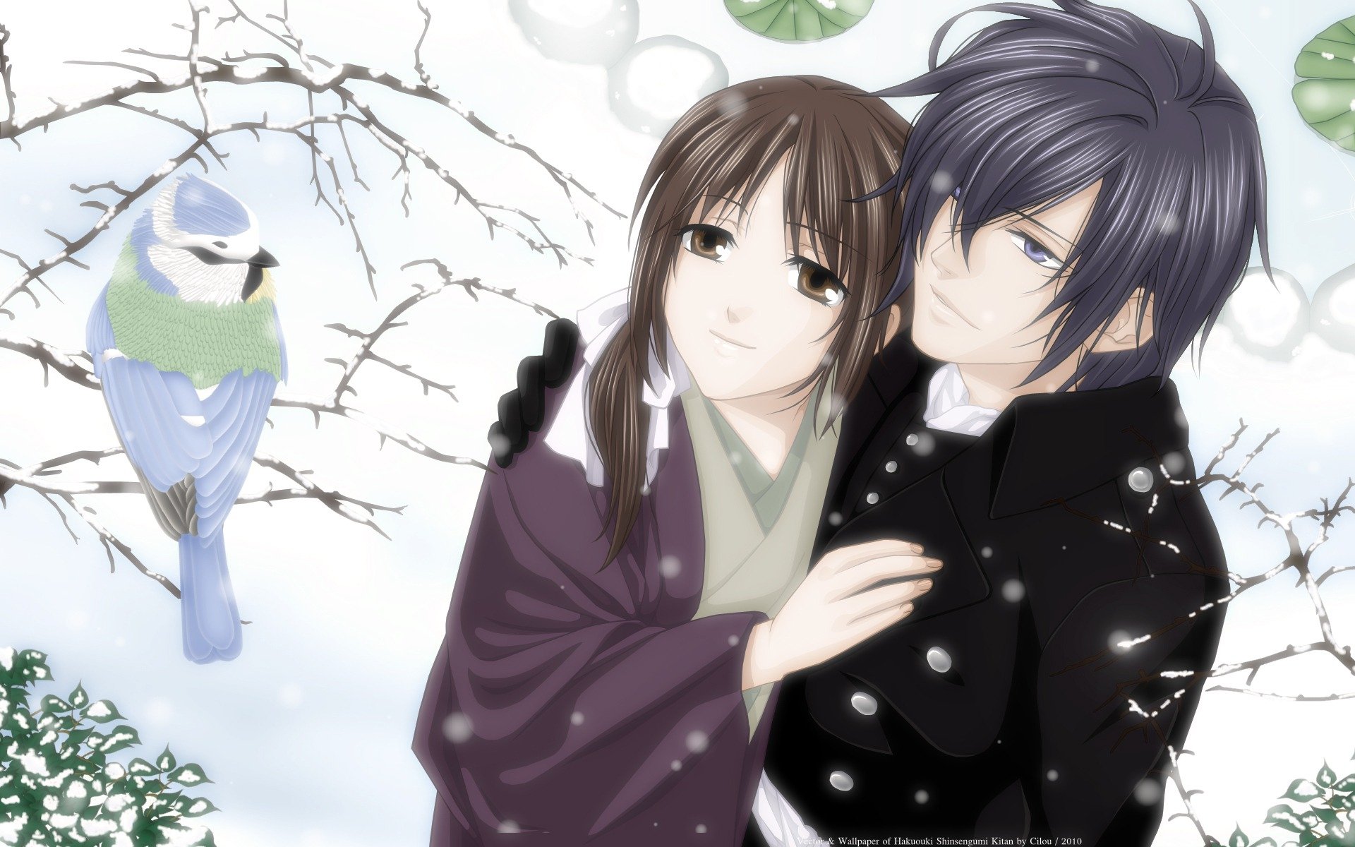 hakuouki shinsengumi kitan saito hajime kanako yukimura paar mädchen kerl winter schnee vogel baum