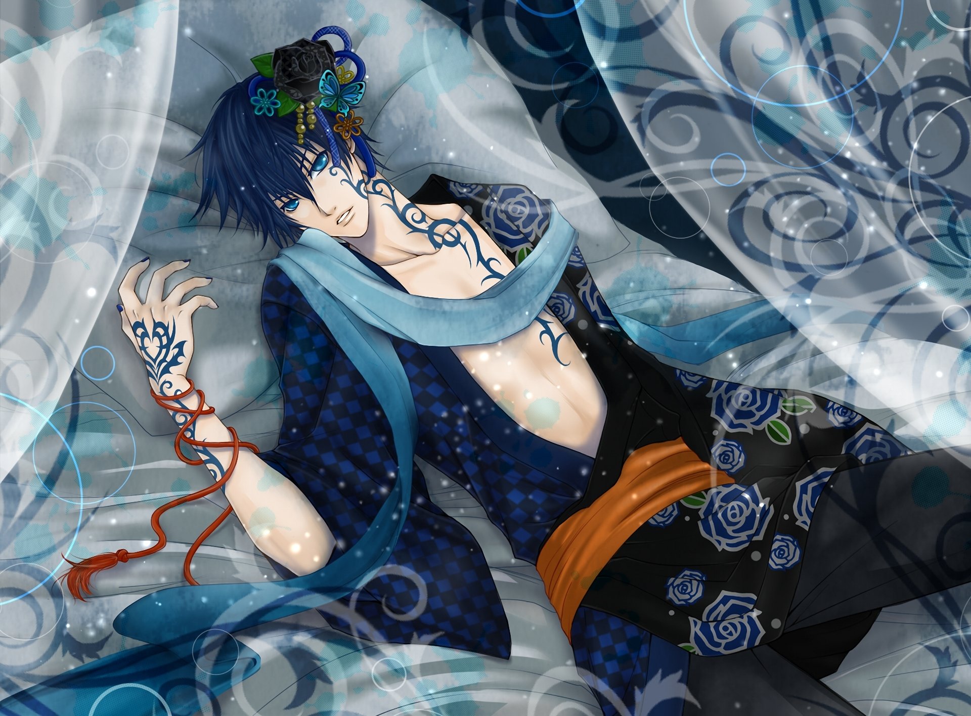 vocaloid kaito guy bed tattoo tattoos kimono red cord curl