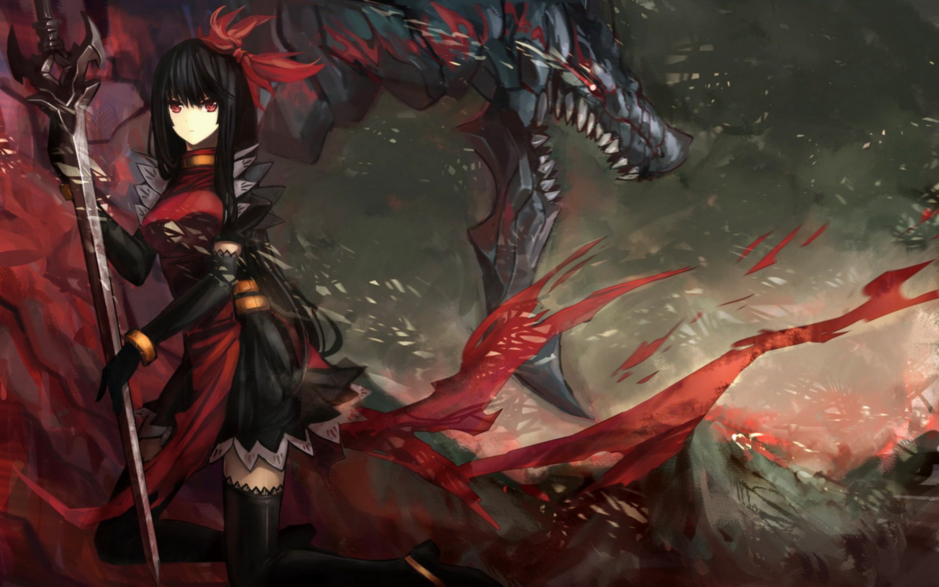 girl dragon monster fall sword stockings picture