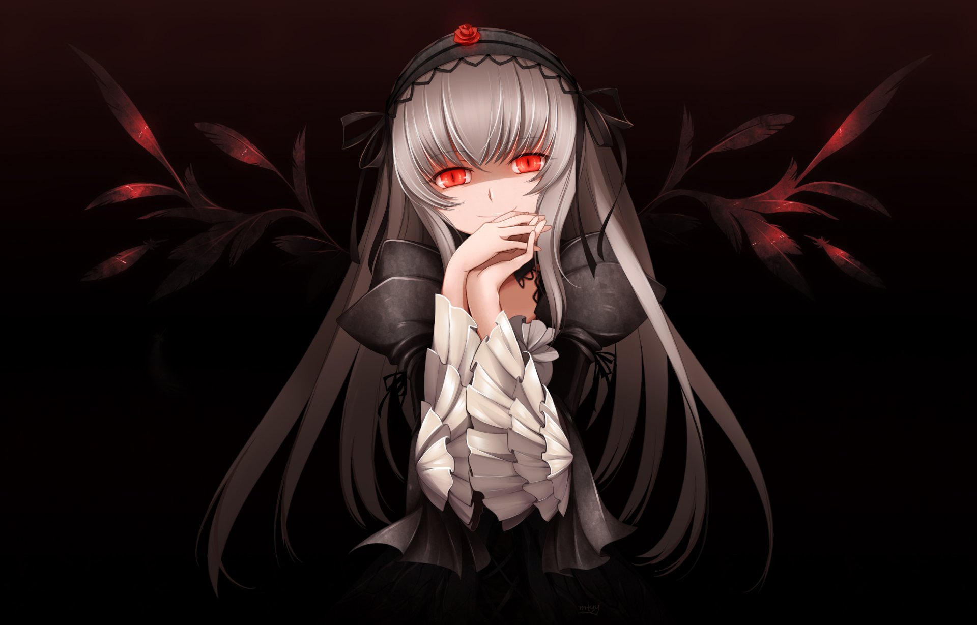 art mtyy rozen maiden suigintou girl dark background wings feathers red eye