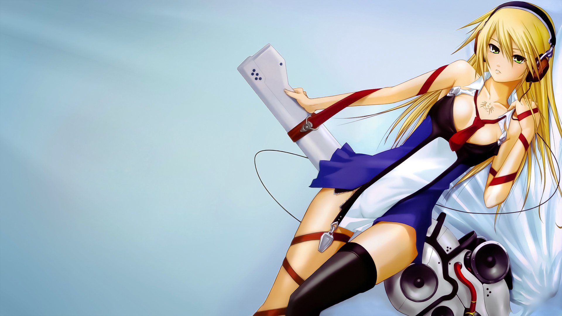 blazblue noel écarlate fille casque cravate tatouage ruban blonde haut-parleurs