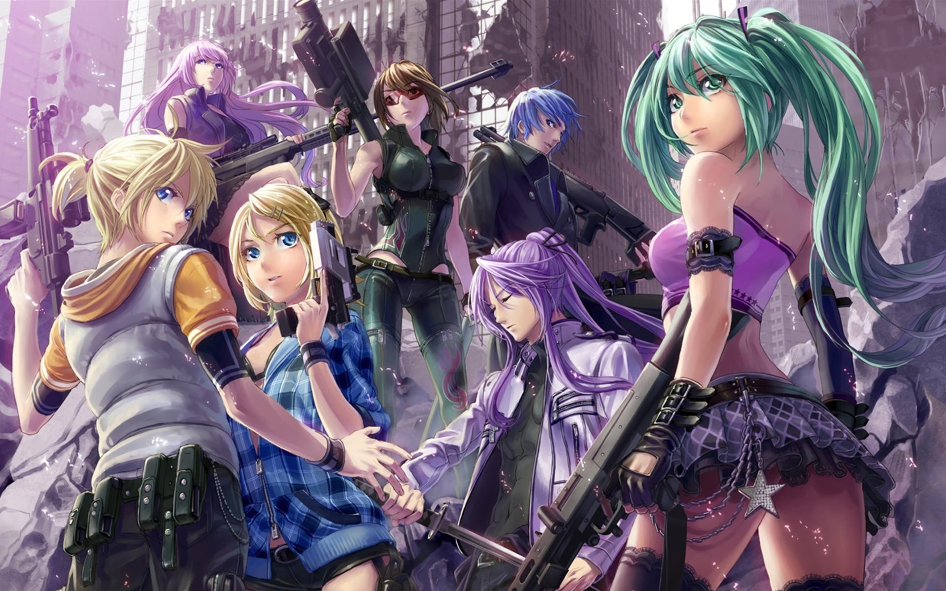 vocaloid hatsune miku kagamine len kagamine rin kaito megurine luka weapon town machine sword