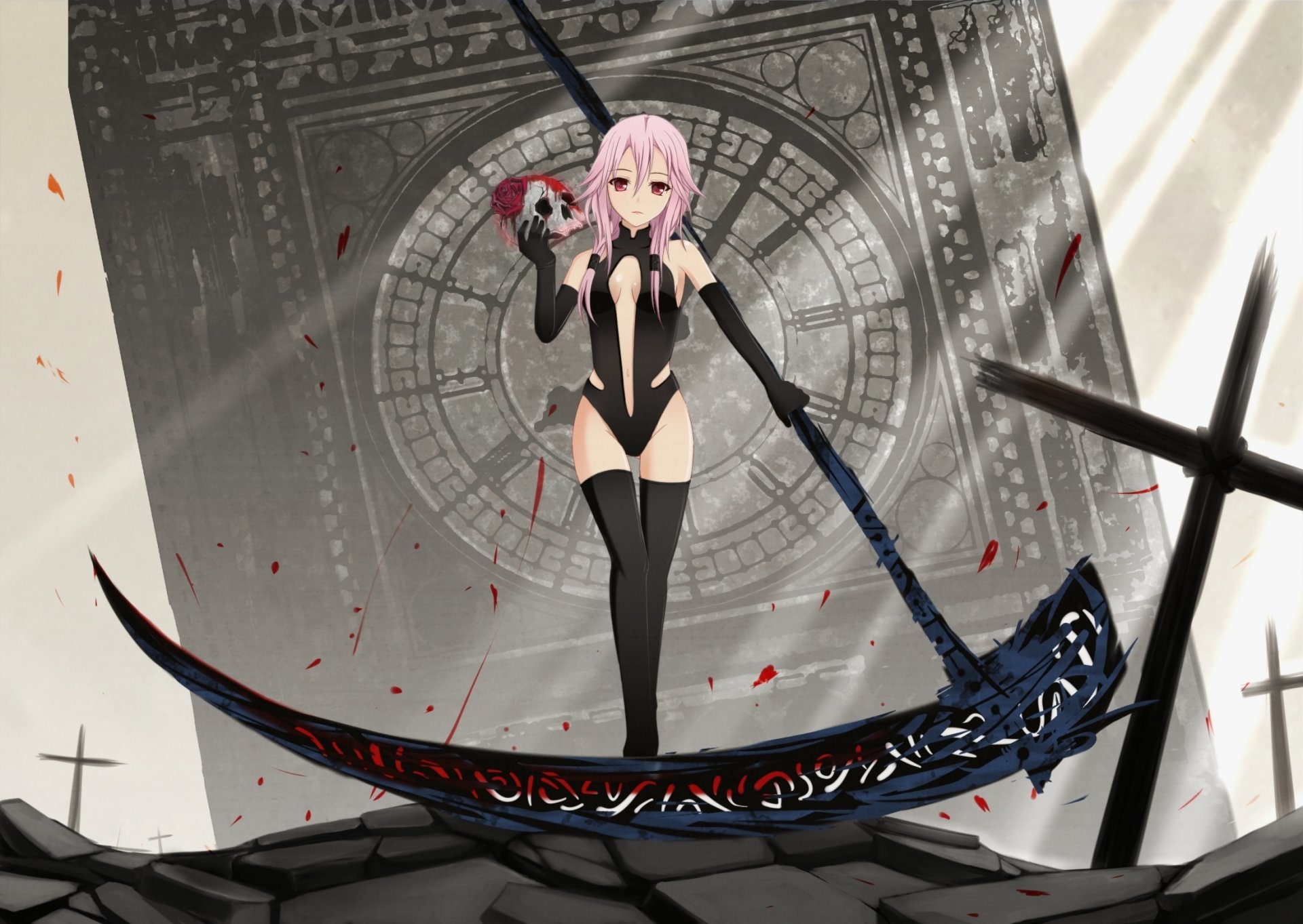 couronne coupable yuzuriha inori fille tresse arme crâne rose croix montre big ben