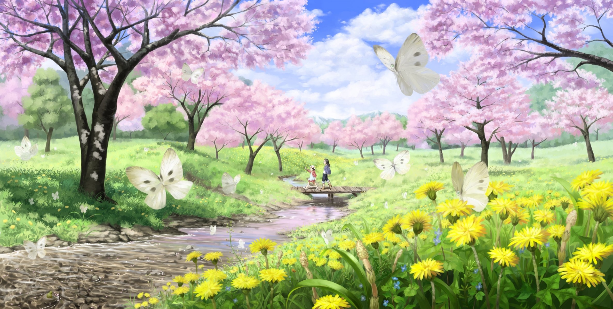 arte imaoka paisaje primavera sakura río río arroyo puente niñas mariposas dientes de león paseo