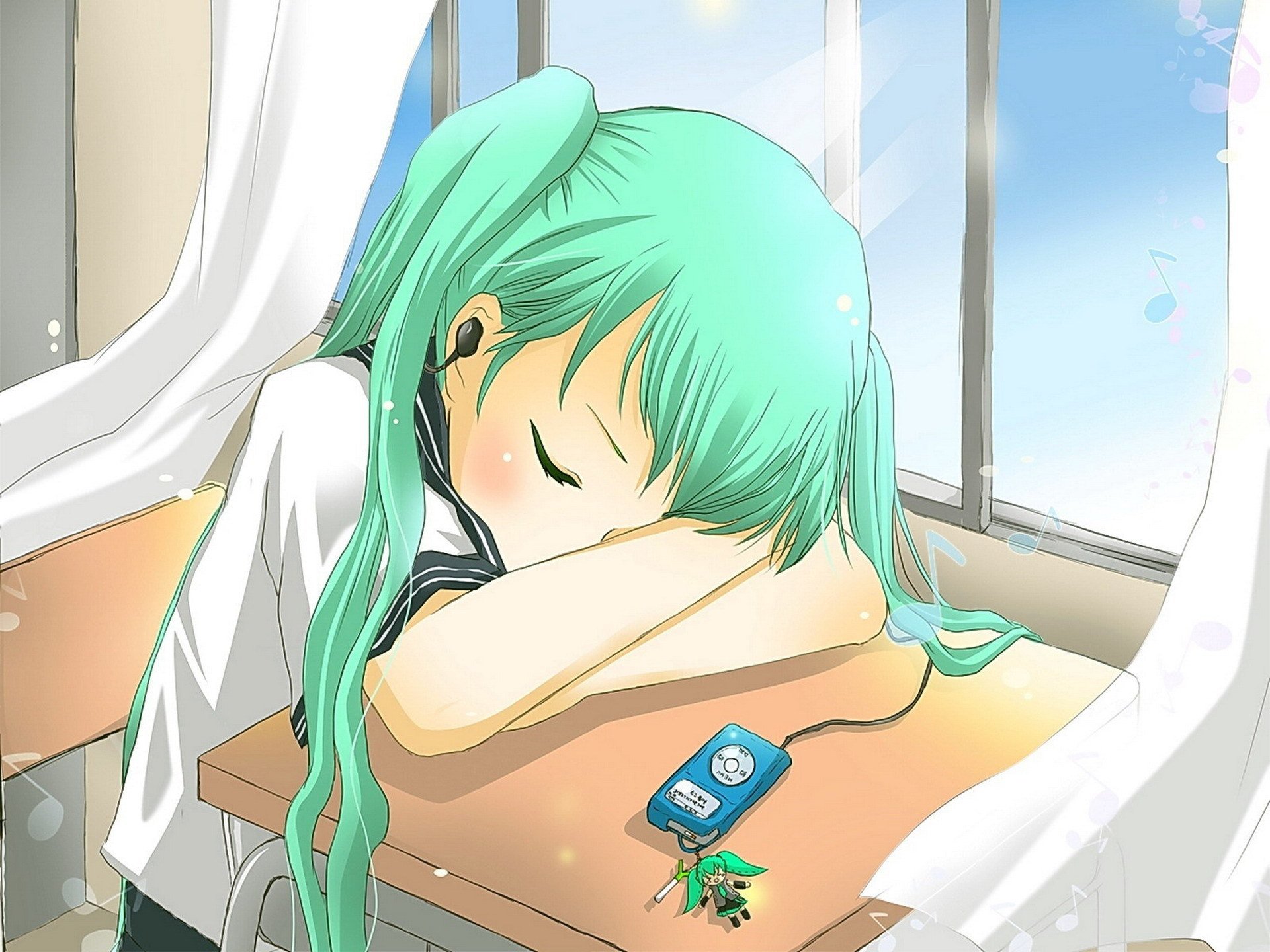 anime chica durmiendo uniforme auriculares vocaloid hatsune miku