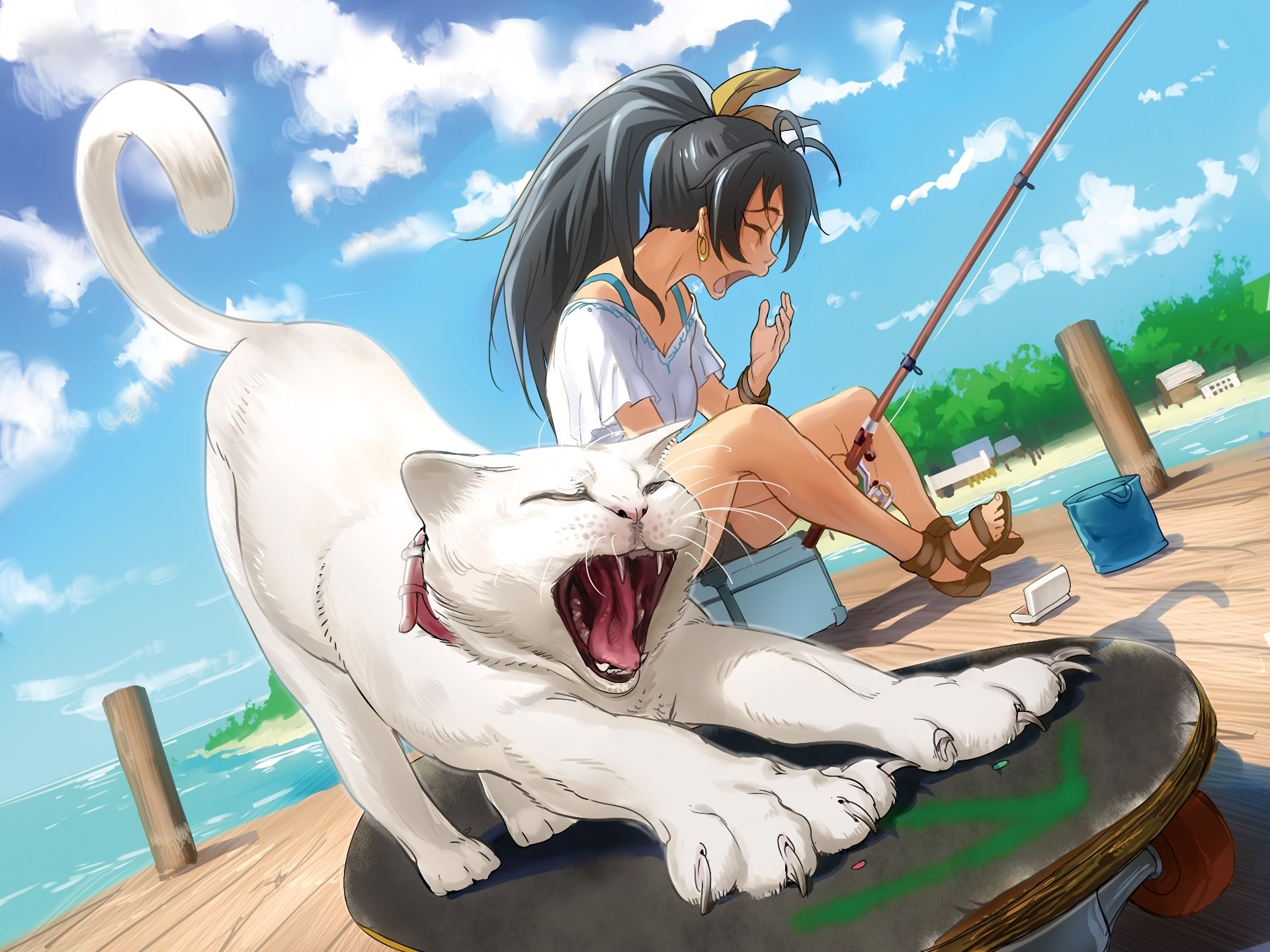 idolmaster ganaha hibiki fille chat bâille pêche siroter jetée canne à pêche