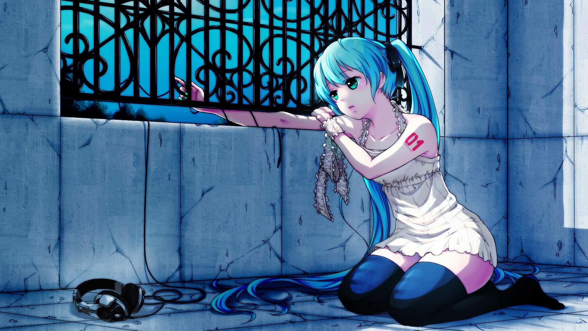 hatsune miku vocaloid auriculares enrejado ventana medias noche paredes tristeza