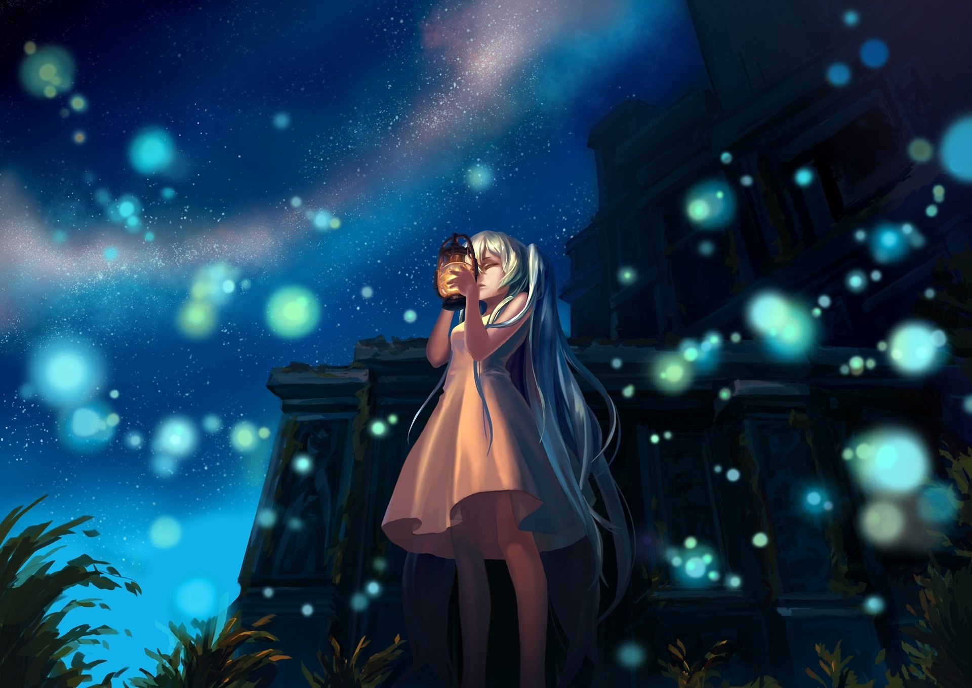 art mizukai vocaloid hatsune miku vocaloid fille nuit lanterne lumières bâtiment ruines