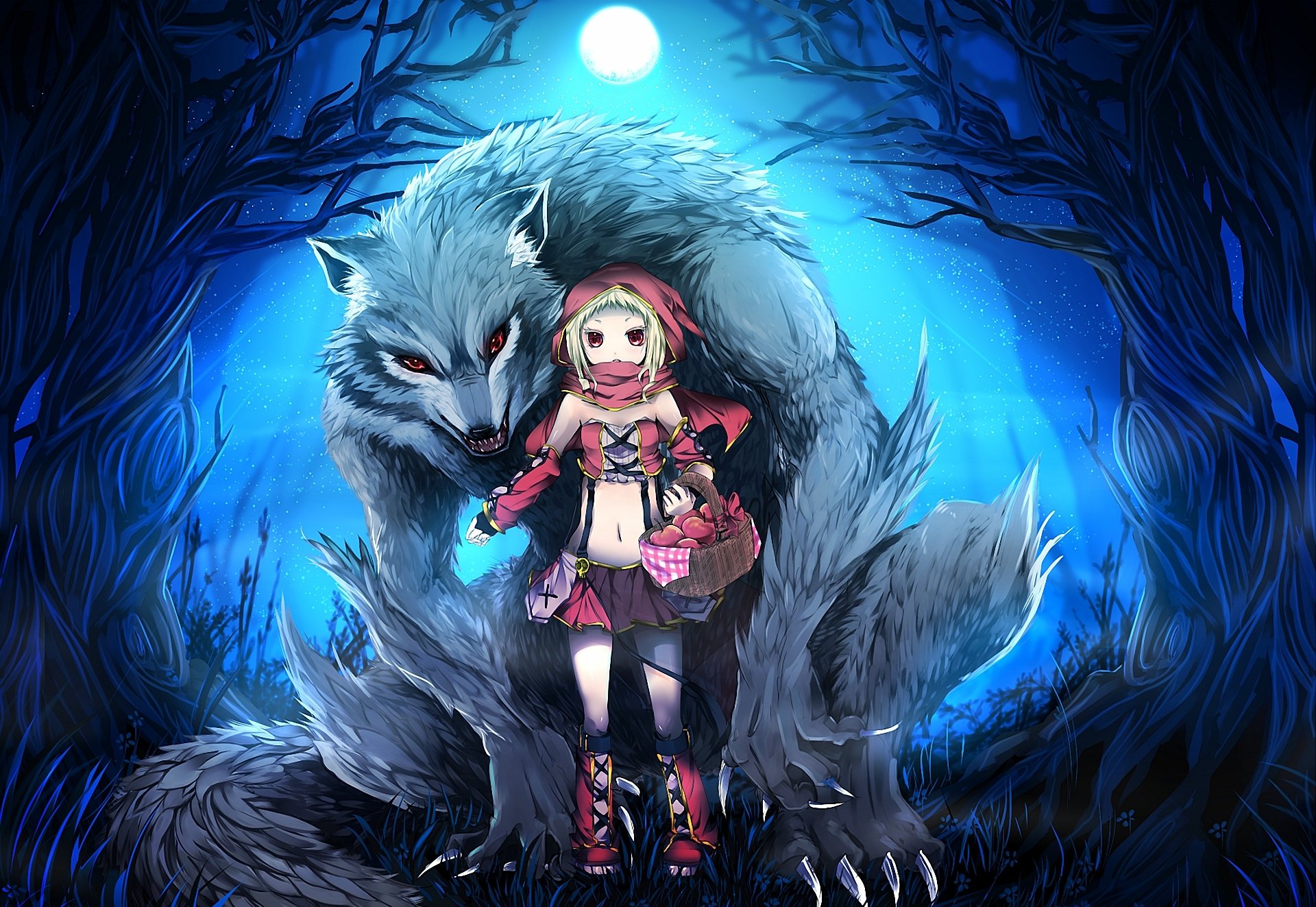 arte temporada de lulu caperucita roja niña lobo cesta cesta bosque noche luna