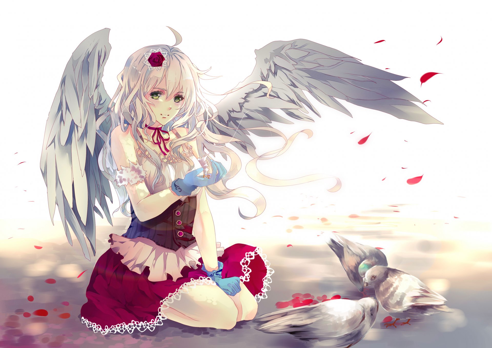 art aiki-ame girl wings birds blue petals rose