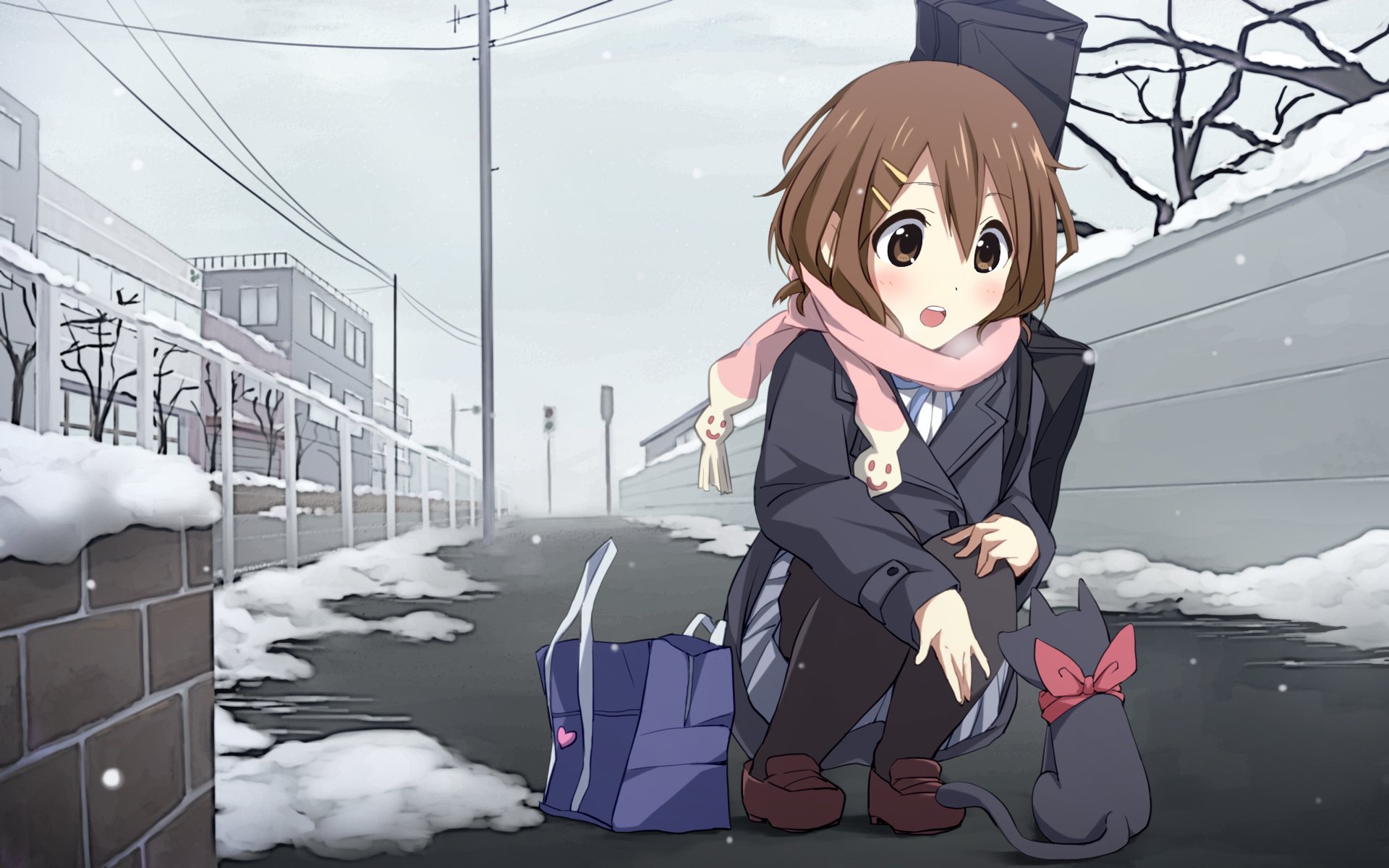 invierno guitarra nieve carretera calle casa bondad bufanda arco anime chica neko gato hirasawa yu yui k-on