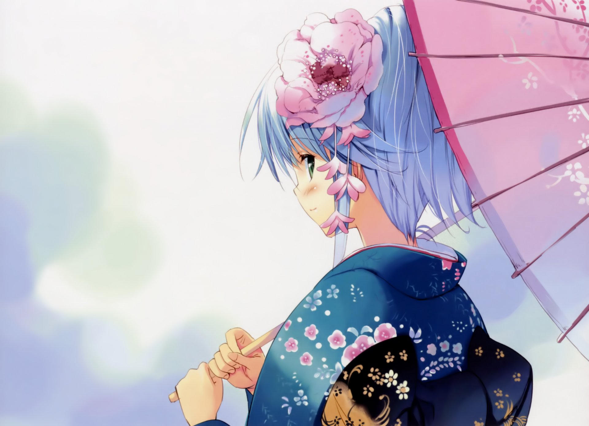 anime ragazza fiore yukata ombrello vista