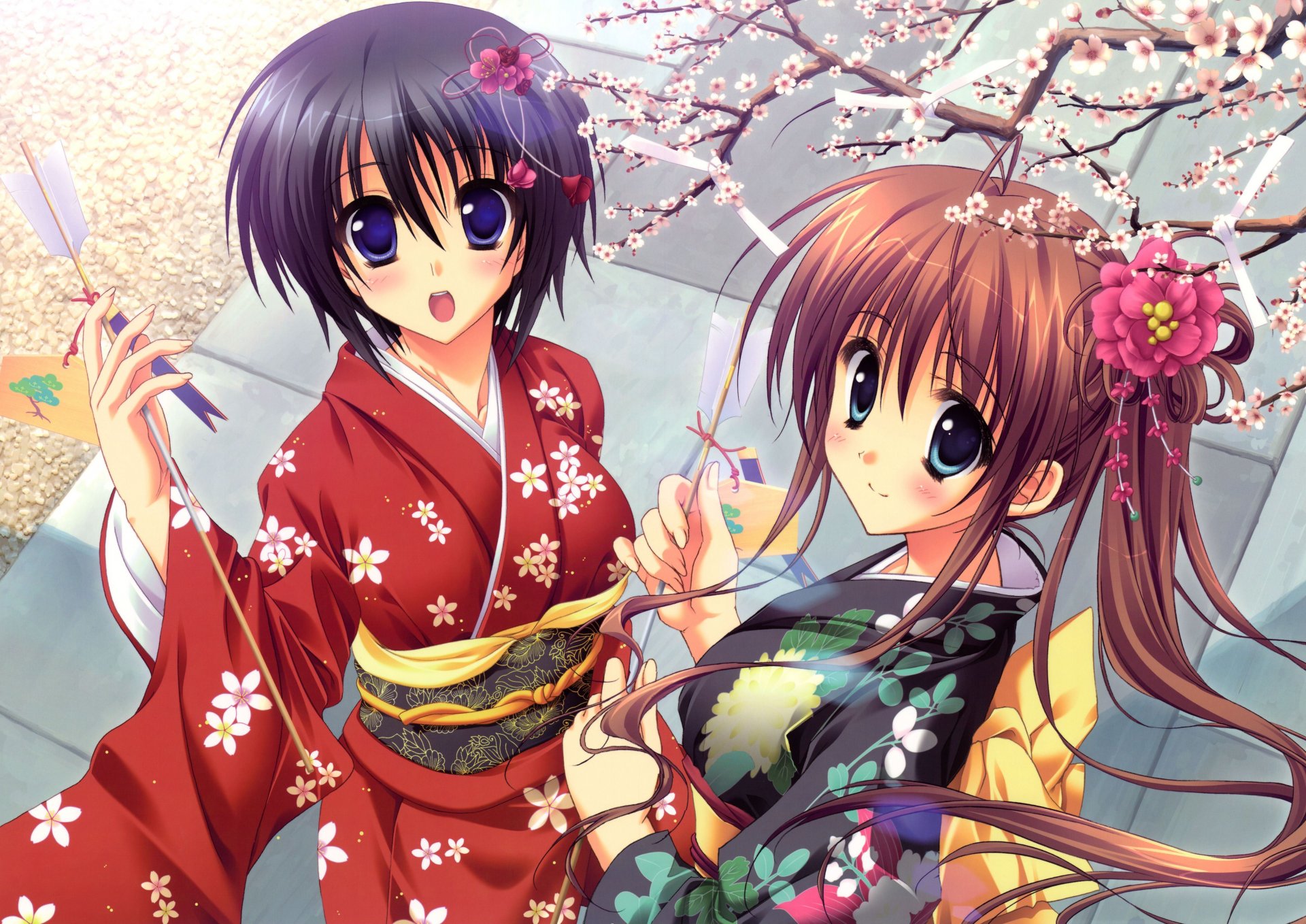 anime filles yukata arbre vue akane-iro p somaru saka minato nagase