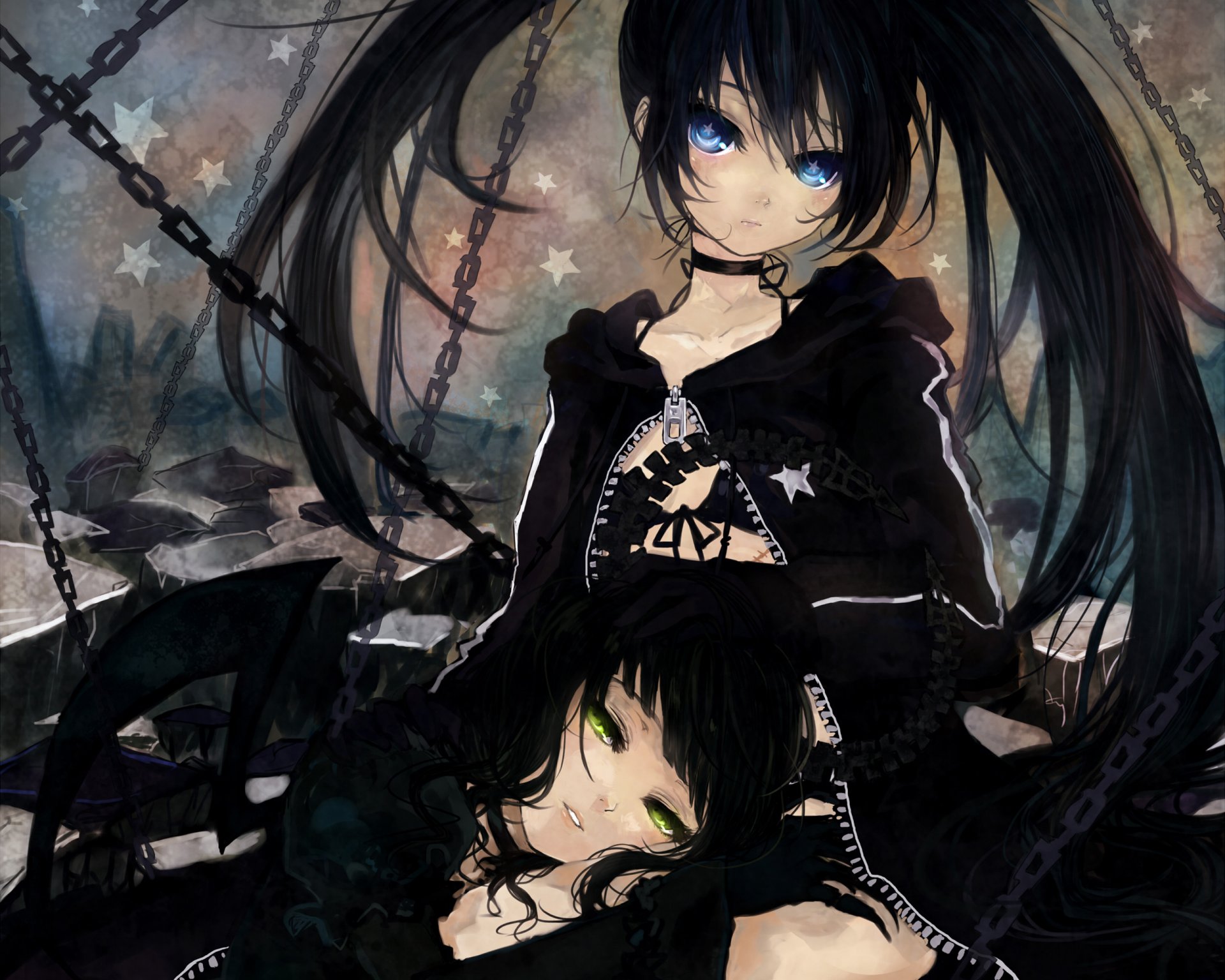 black rock shooter takanashi yomi dziewczyny kuroi mato zębatki łańcuchy