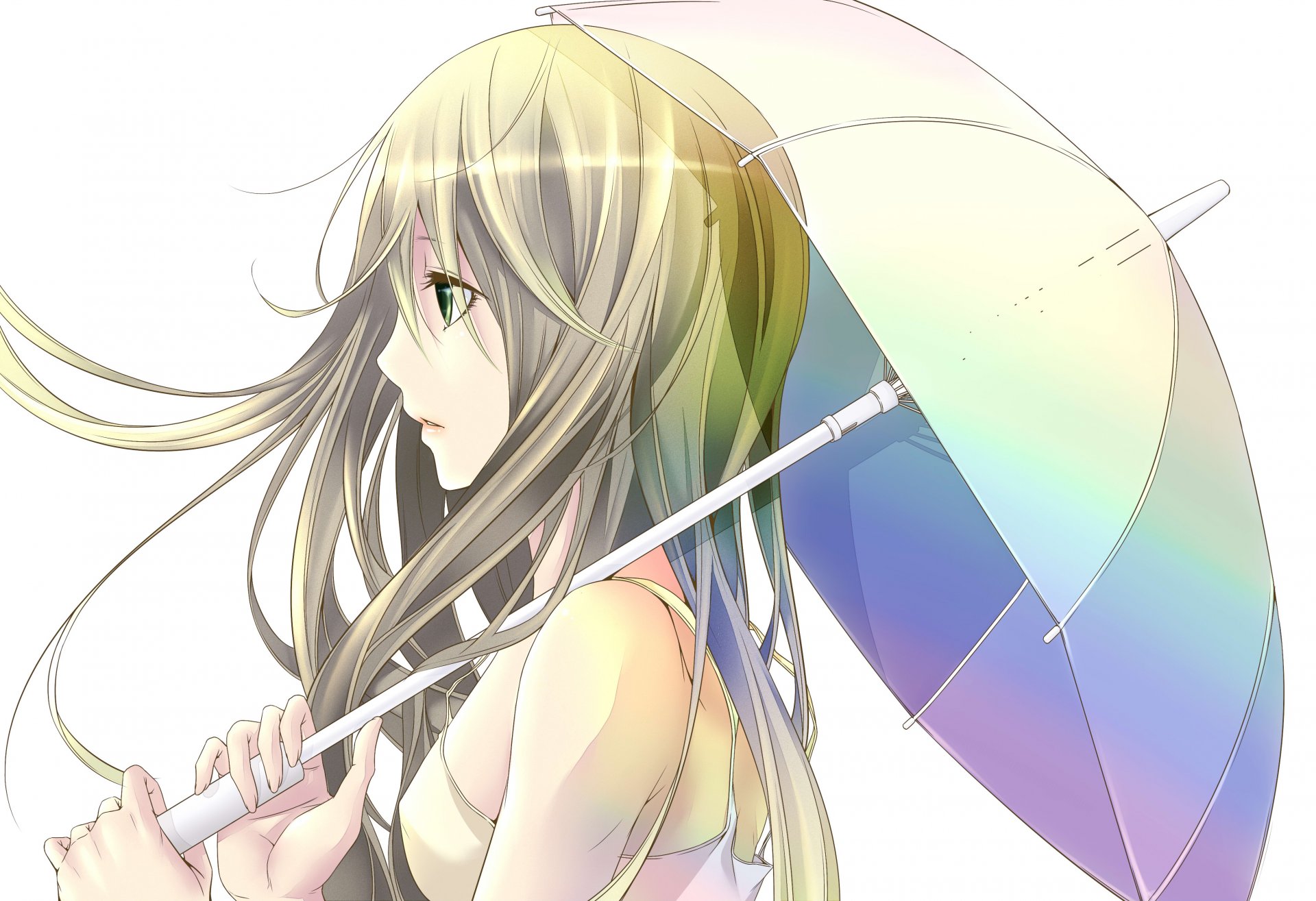 sztuka bouno satoshi dziewczyna parasol wiatr białe tło