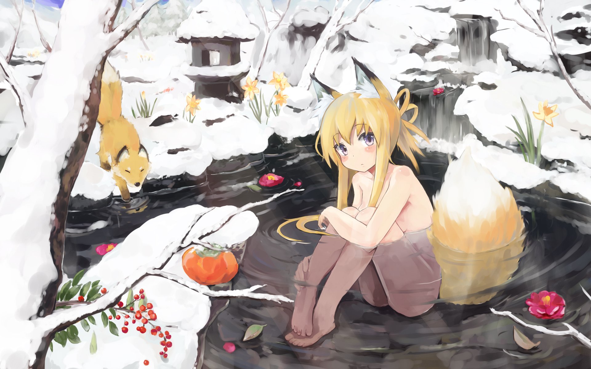 fille hiver eau renard renard neko oreilles queue baies neige fleurs