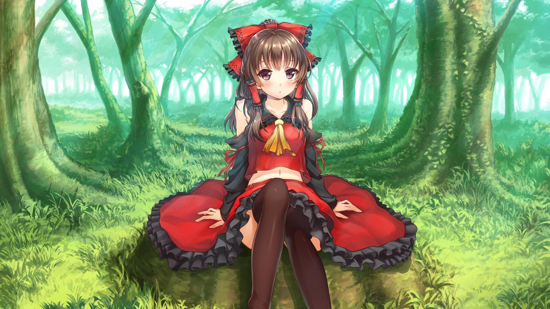 touhou hakurei reimu girl blush red eyes brown hair skirt stockings sitting bare shoulders hair bow individual sleeve tree