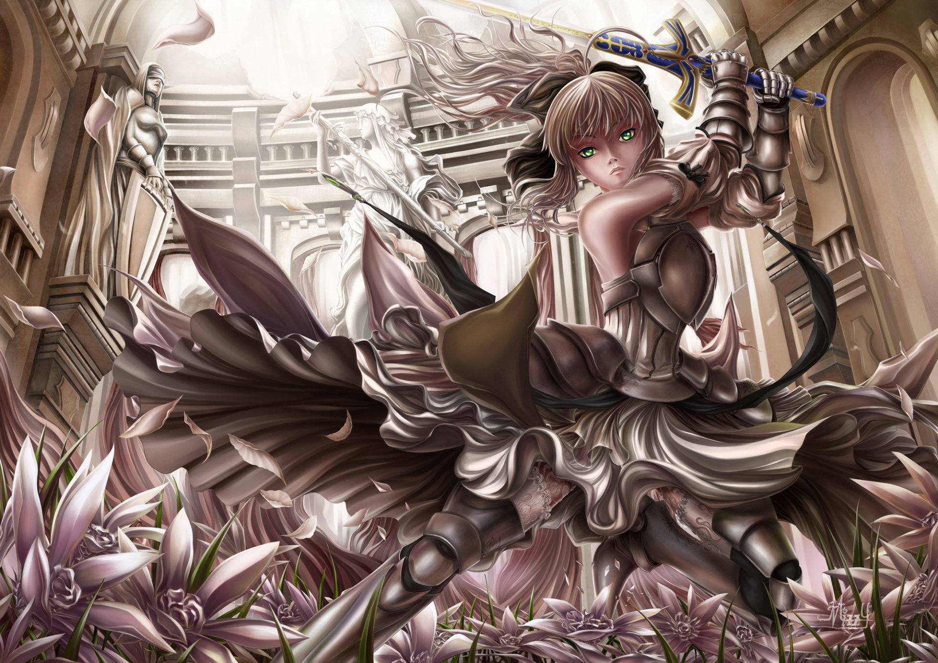 art mizzy fate stay night saber saber lily girl sword flower temple