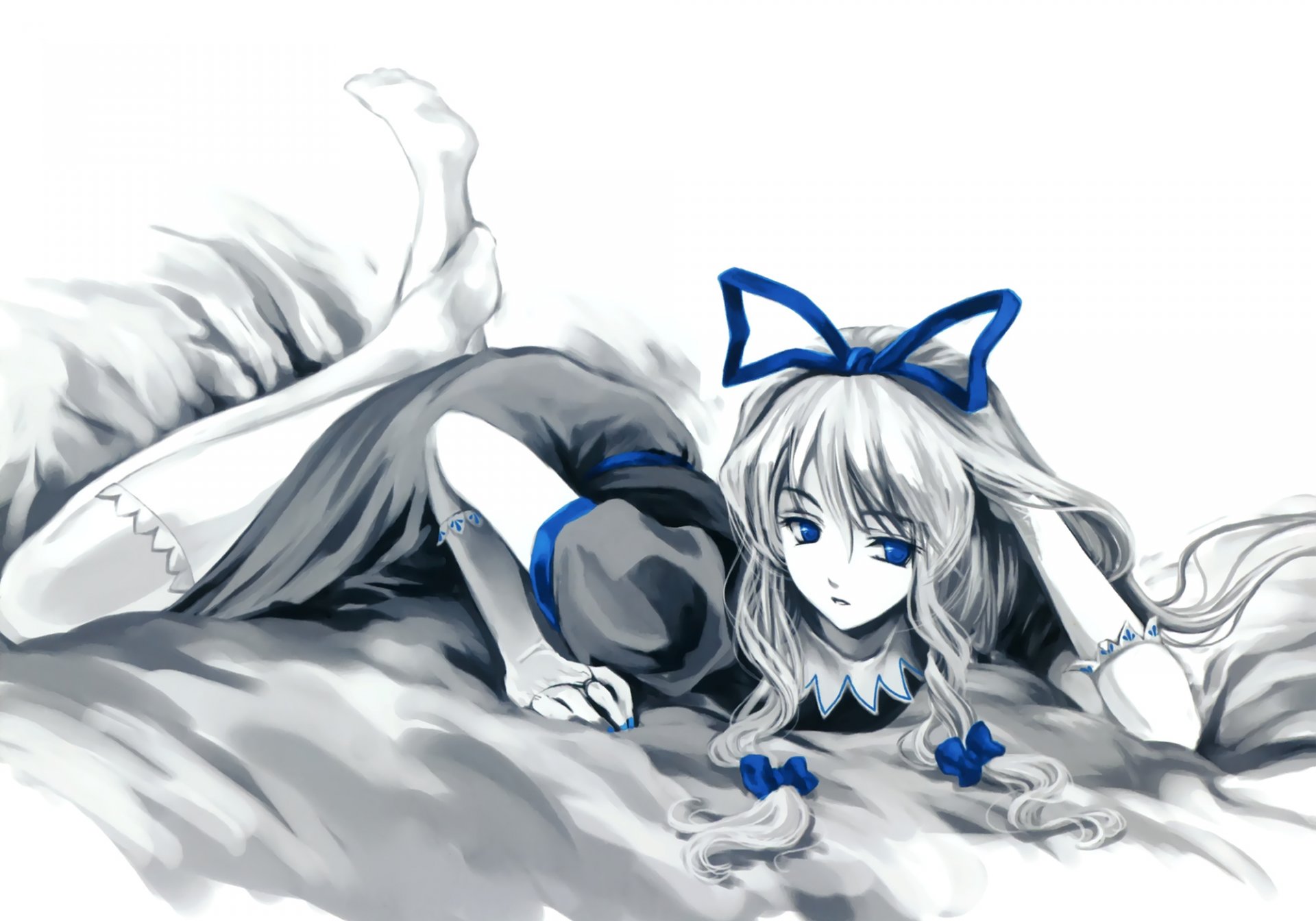 misaki kurehito touhou fille dessin bas rubans se trouve noir et blanc bleu