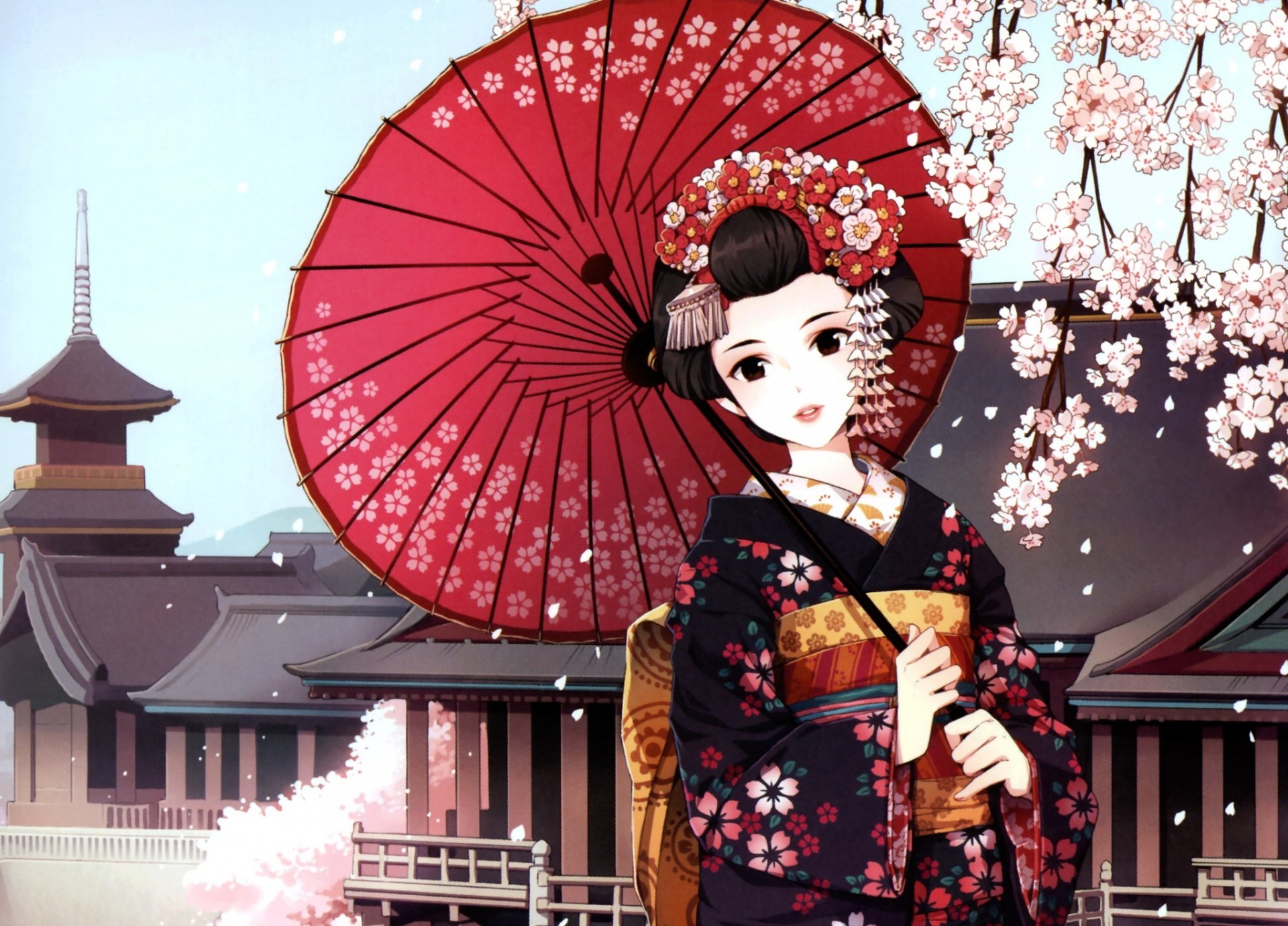 kunst nardack mädchen geisha regenschirm kimono sakura