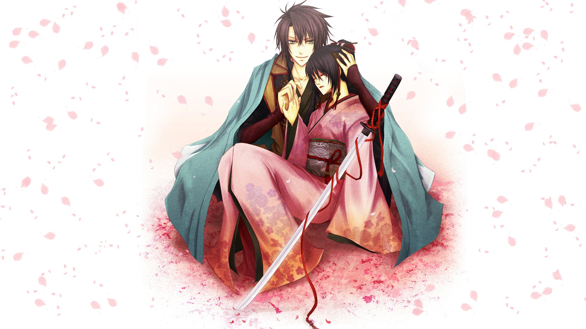 hakuouki okita souji yukimura kanako demony bladej sakury souji okita tizuru yukimura chłopak dziewczyna kimono katana płatki sakura czerwona wstążka mundur