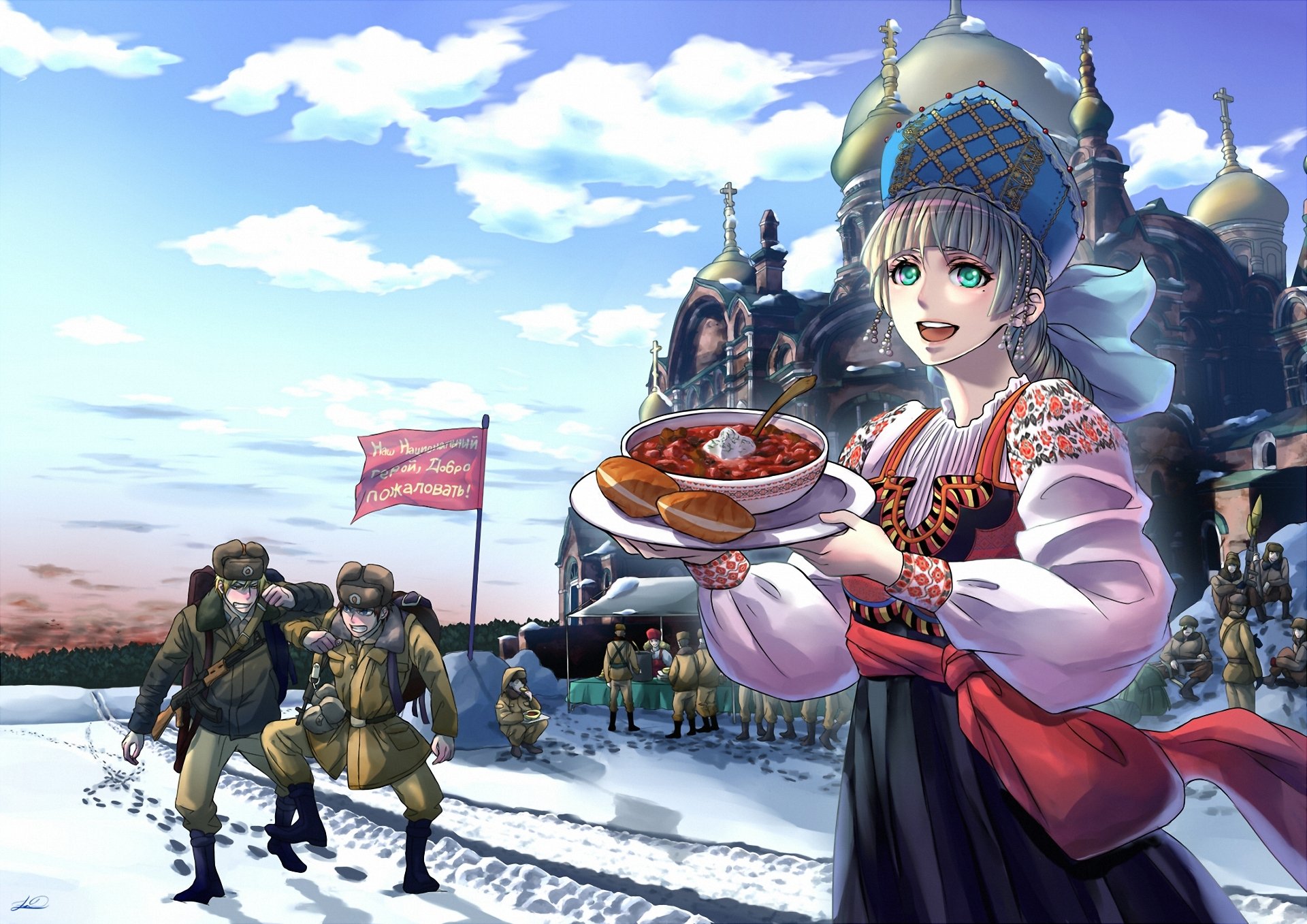 man girl russia temple flag war soup food patties snow winter