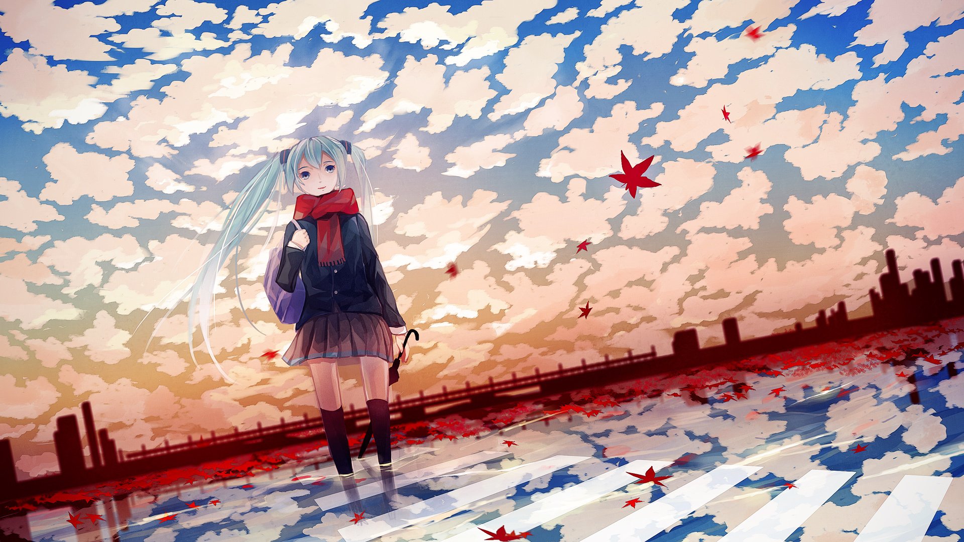 anime autumn miku leaves umbrella vocaloid girl