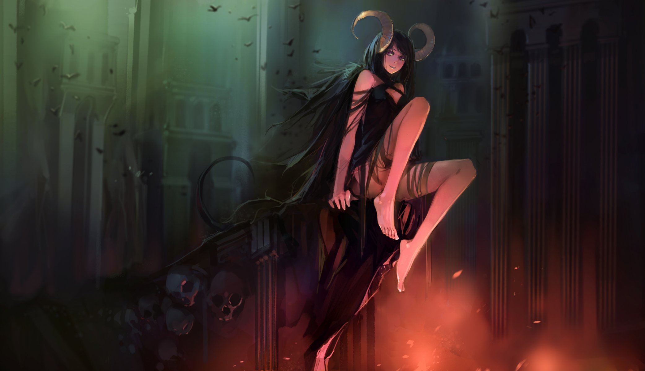 art demon demoness mountain skull tail dungeon buildings cliff