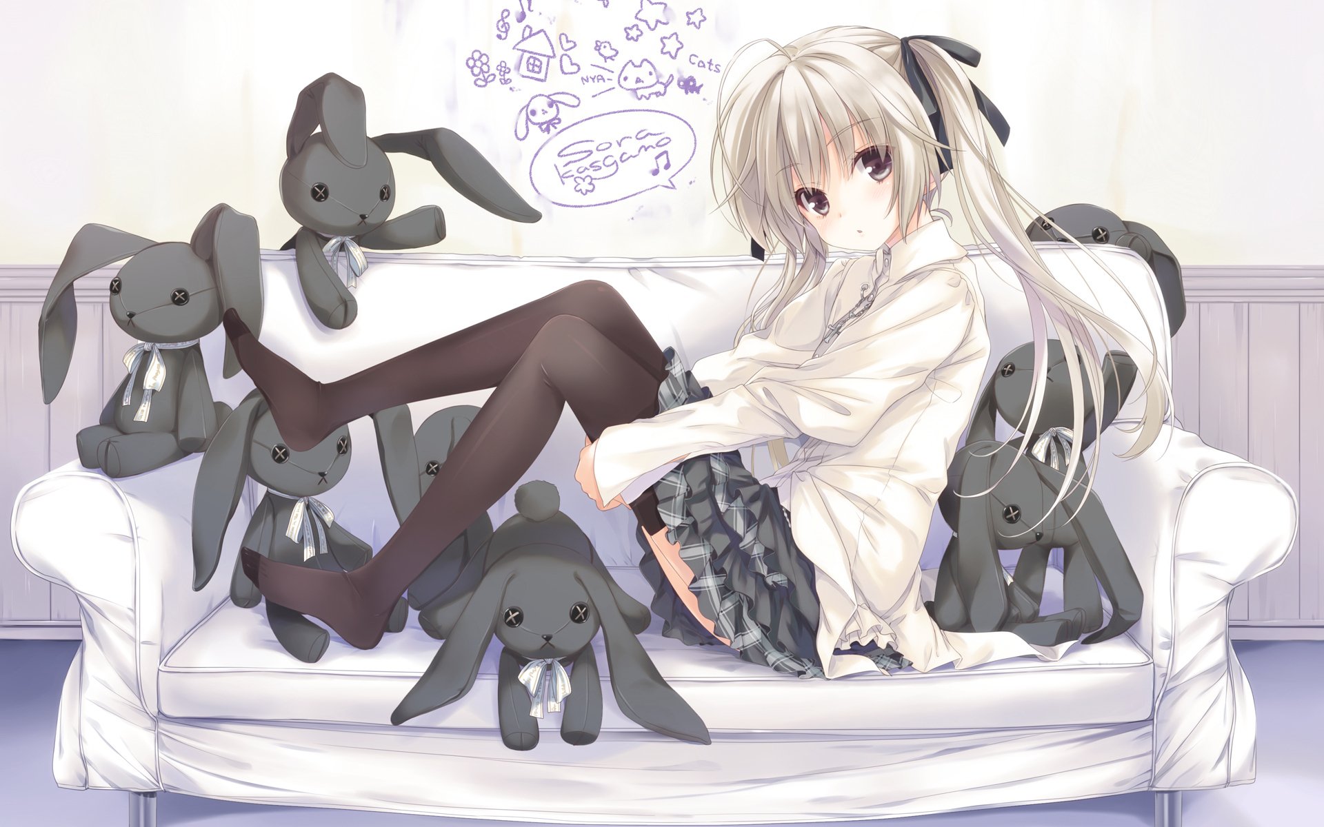 arte ohara tometa yosuga no sora kasugano sora chica sofá juguetes conejo letras