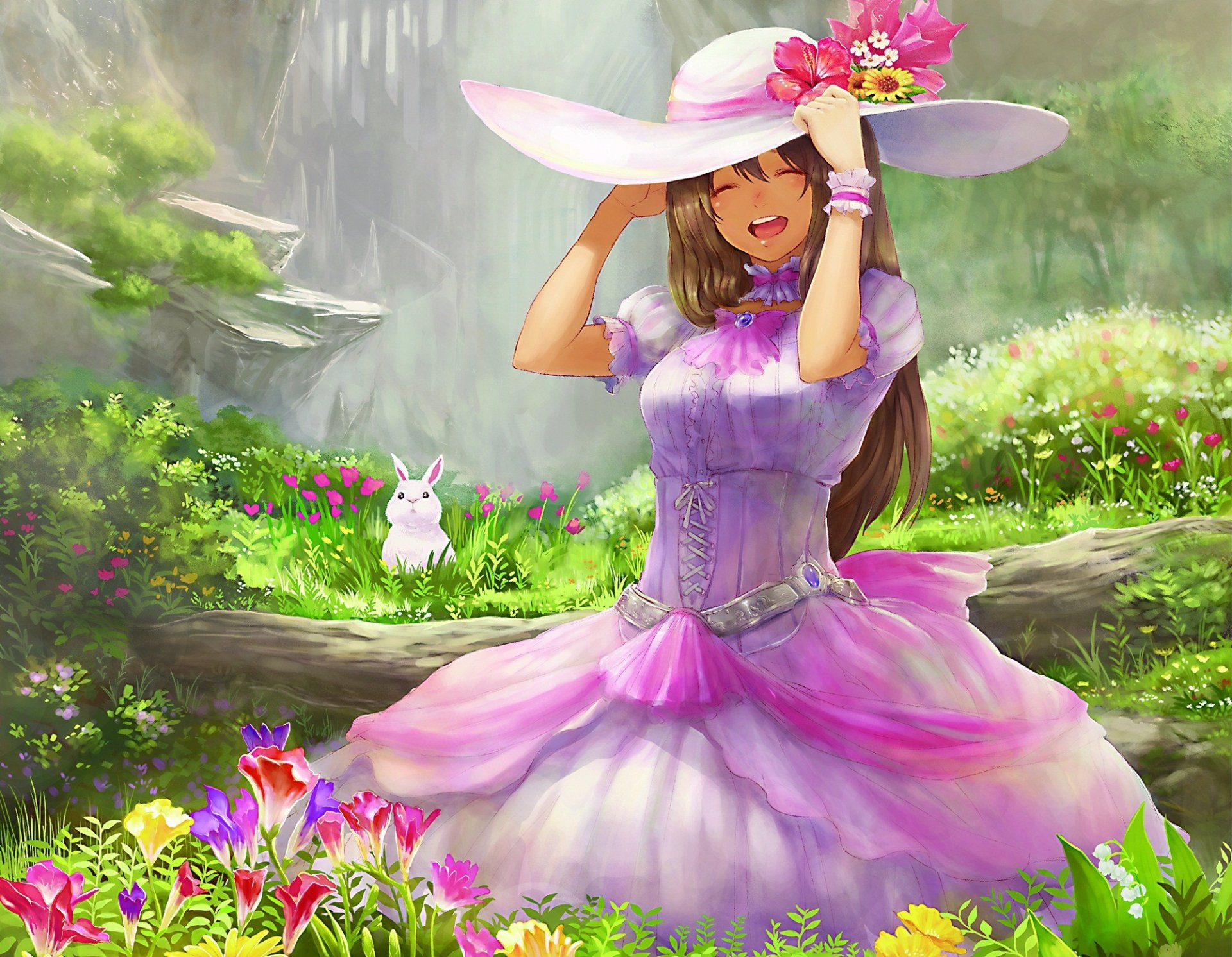 arte guchico pixiv chica sombrero vestido liebre conejo blanco emoción alegría tronco flores