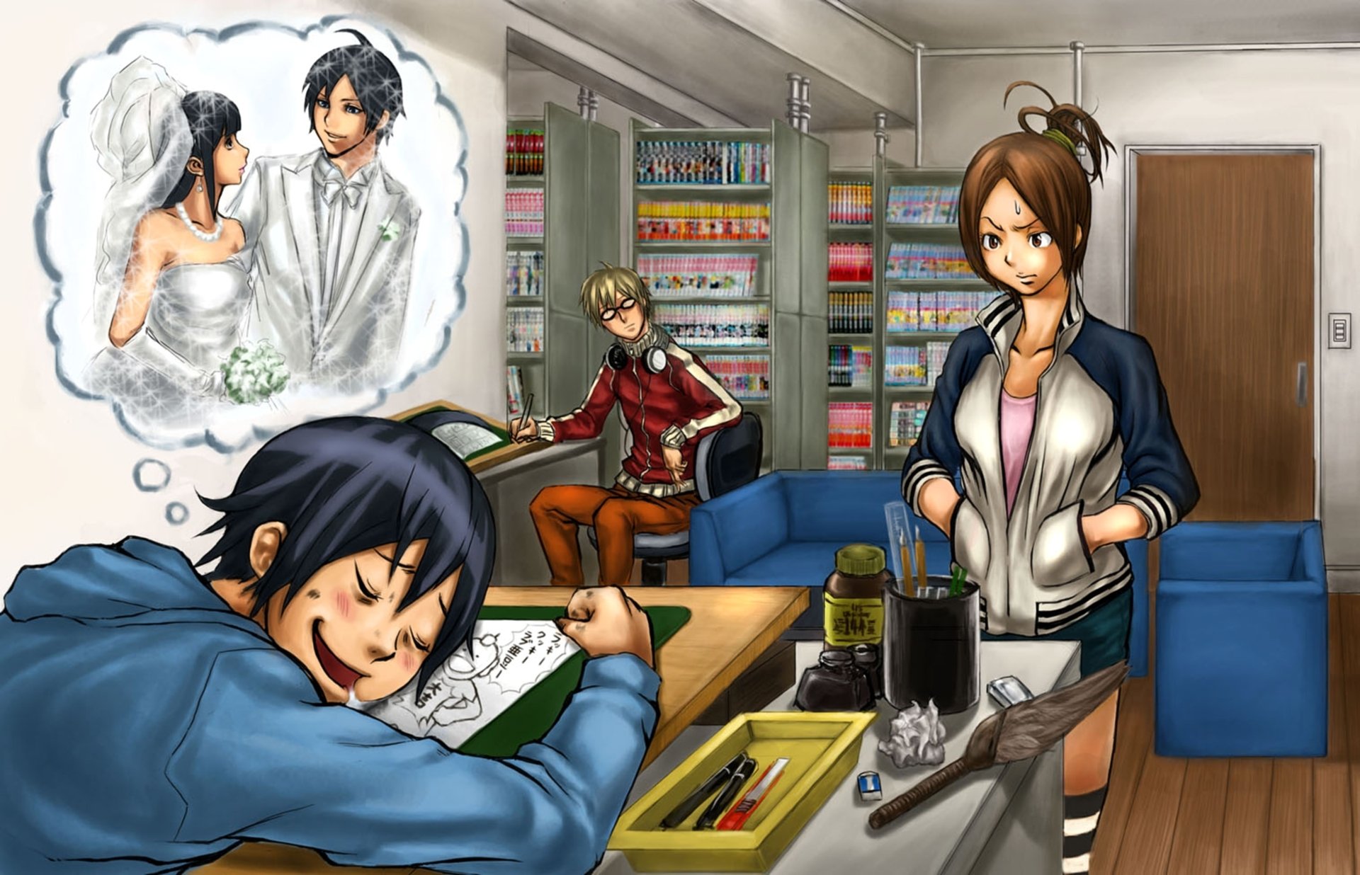 bakuman masiro moritaka akito takagi kaya miyoshi miho azuki ragazzi ragazze sonno dormire sposo sposa stanza amici