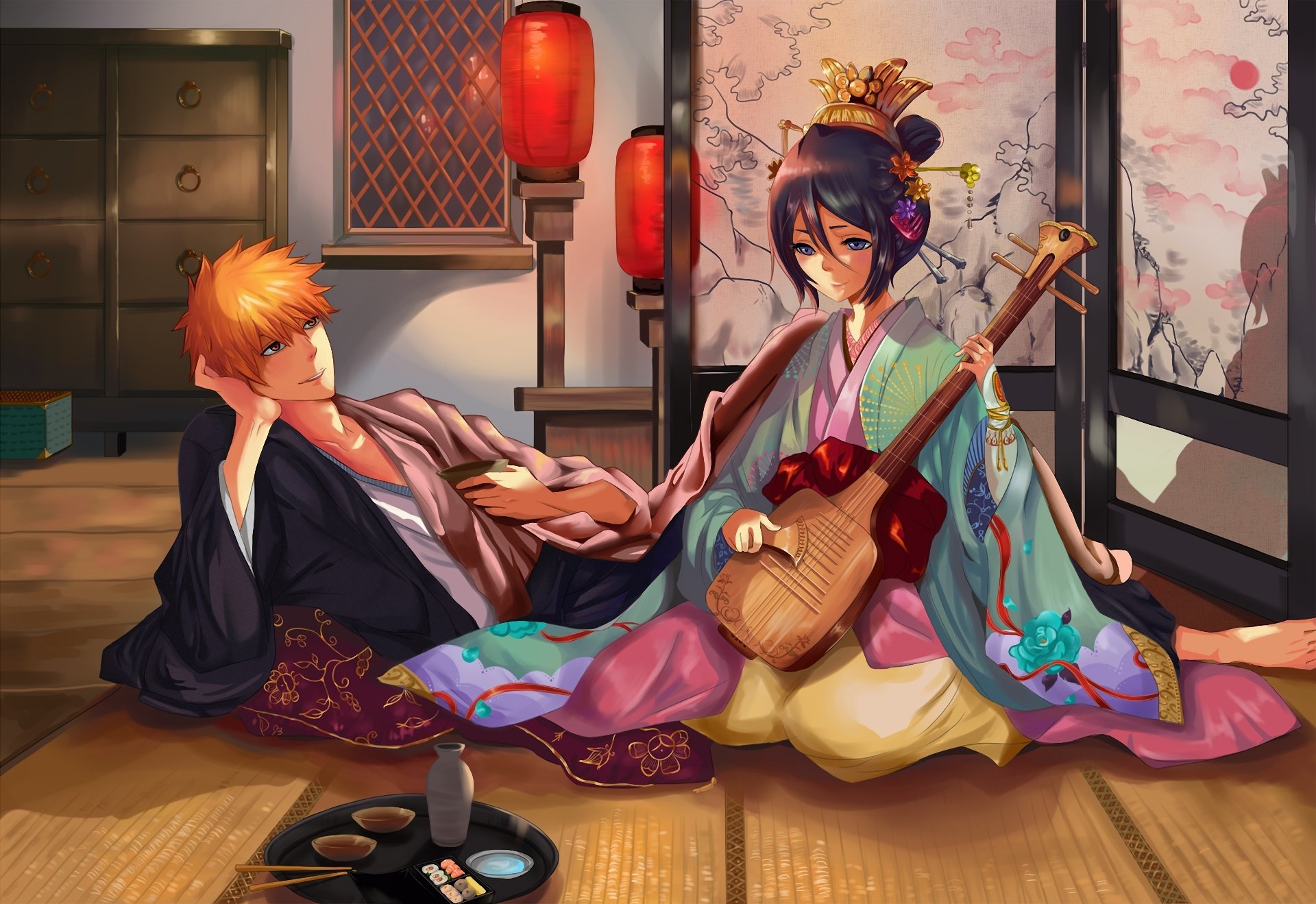 art muza4370 bleach ichigo kurosaki kuchiki rukia dziewczyna chłopak kimono instrument muzyczny parawan latarki