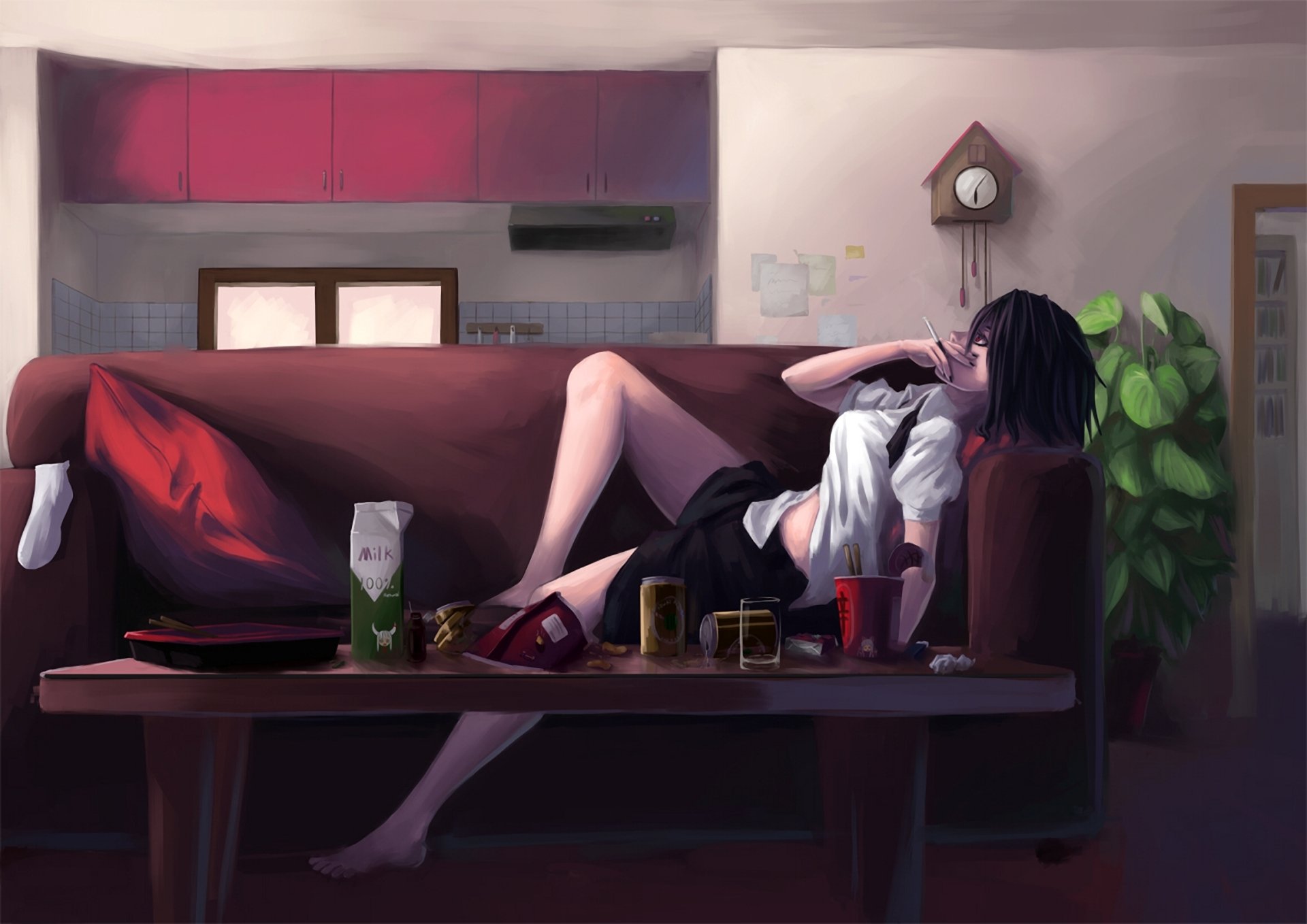 kunst touhou shameimaru aya mädchen liegt sofa zigarette essen zimmer