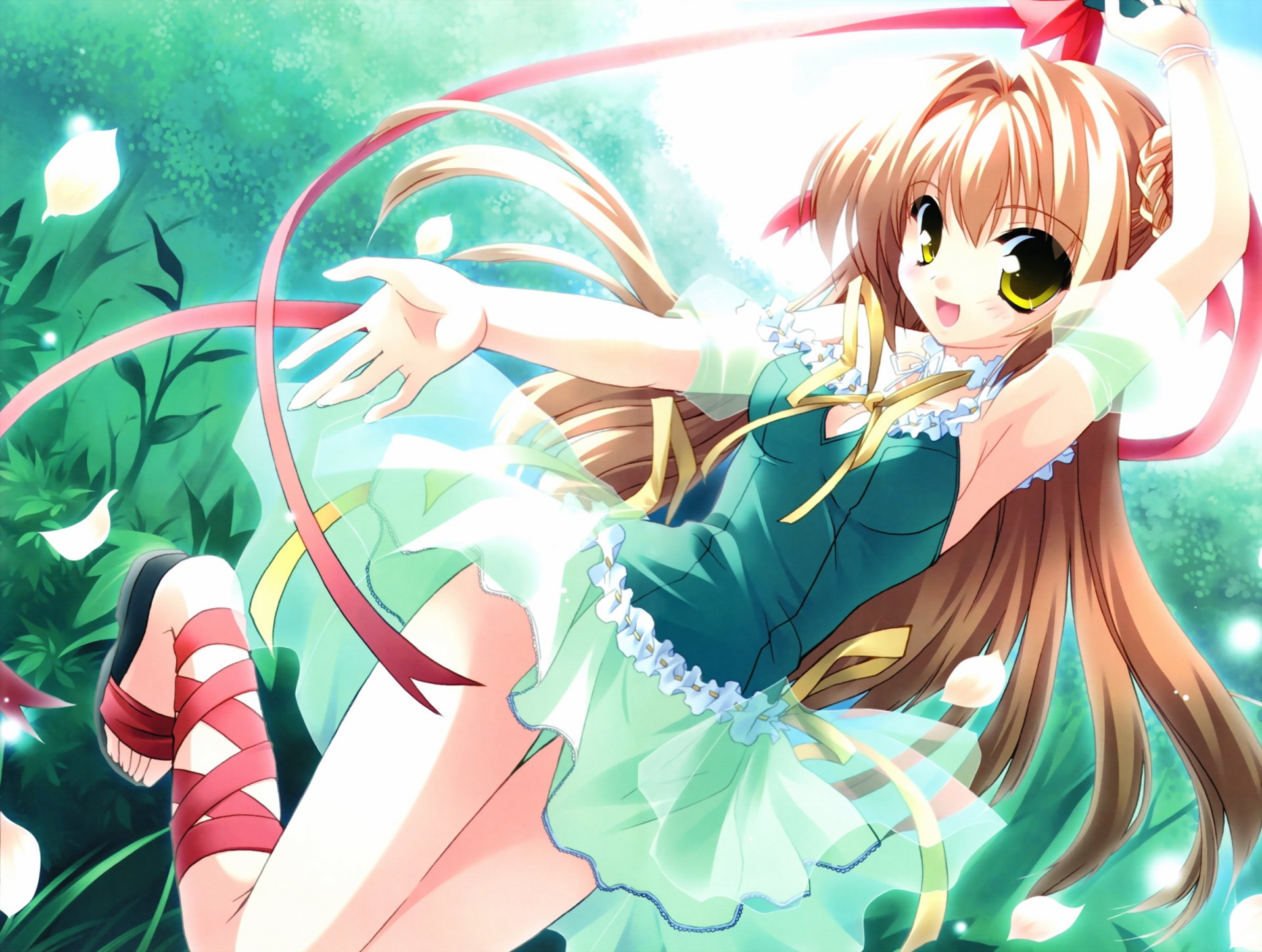 anime girl ribbon dress grass petals view