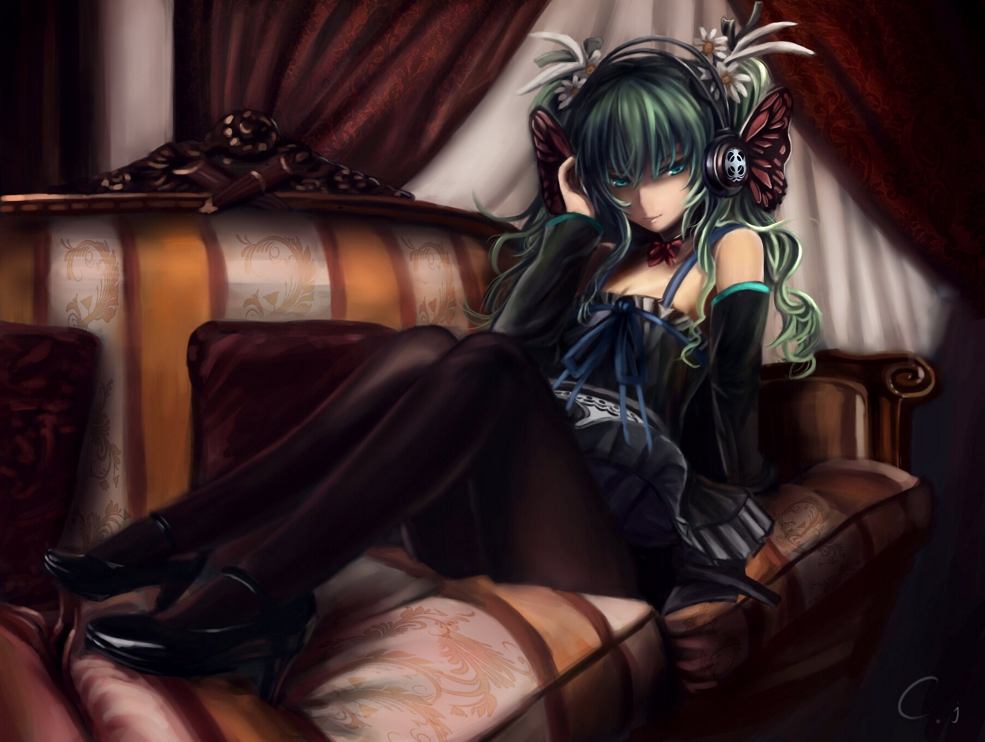 art cj man hatsune miku vocaloid girl sofa headphones flower