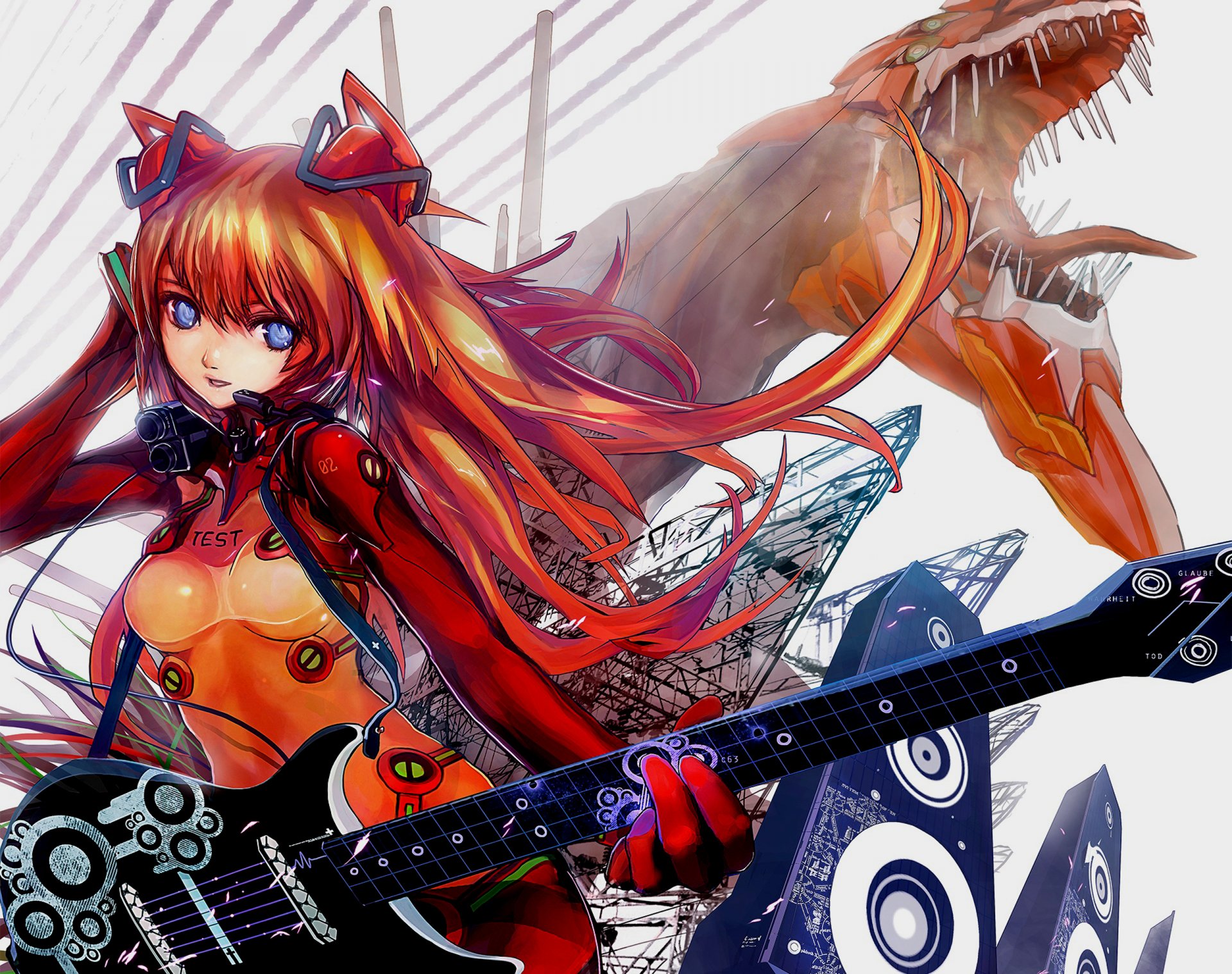 anime ragazza chitarra altoparlanti fili drago capelli neon genesis evangelion asuka langley soryu