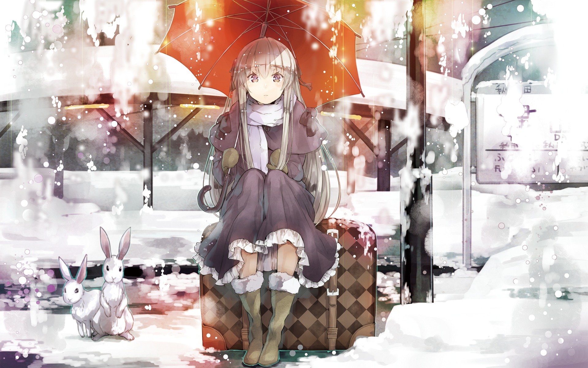 yosuga no sora kasugano sora chica vestido ojos marrones sentado pelo plateado paraguas nieve conejo