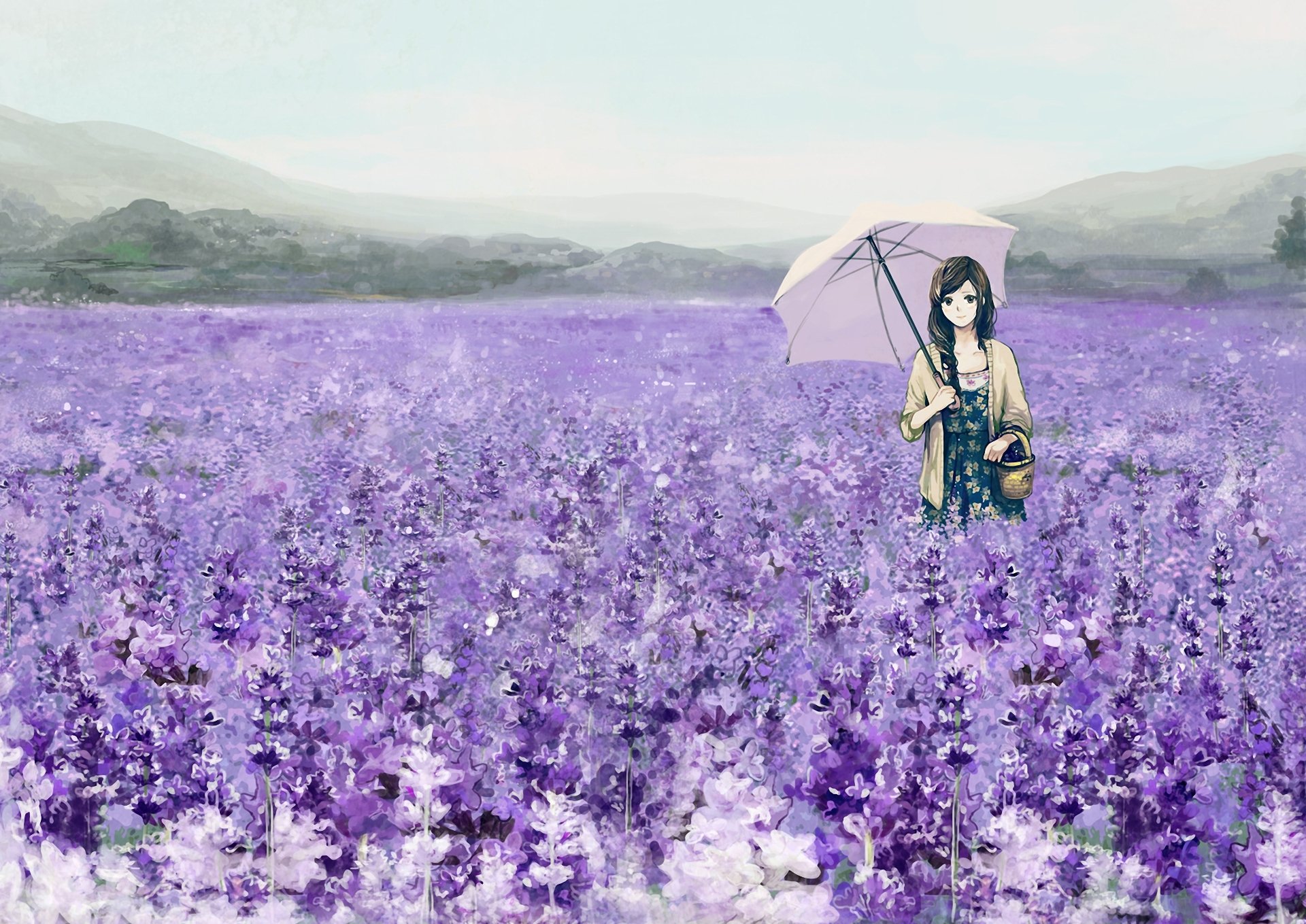 kunst mädchen feld blumen lavendel regenschirm regenschirm korb