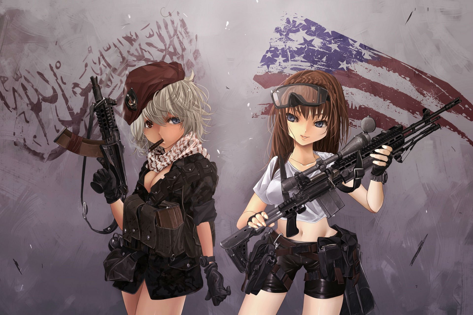 two girls aks74u cigar american flag in the style of modern warfare 2 touhou