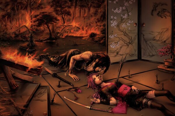 Naruto muerte en una habitación con un patrón de Sakura