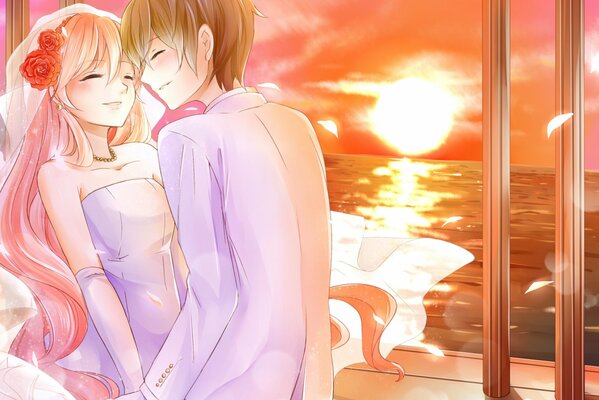 Anime, a happy couple of newlyweds on the seashore