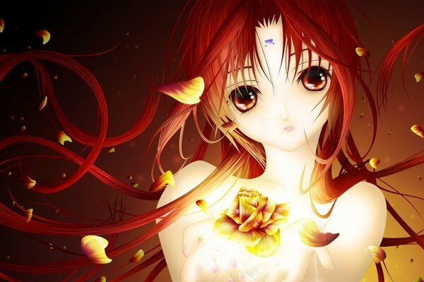 Rosenblätter in den Augen eines Anime-Mädchens